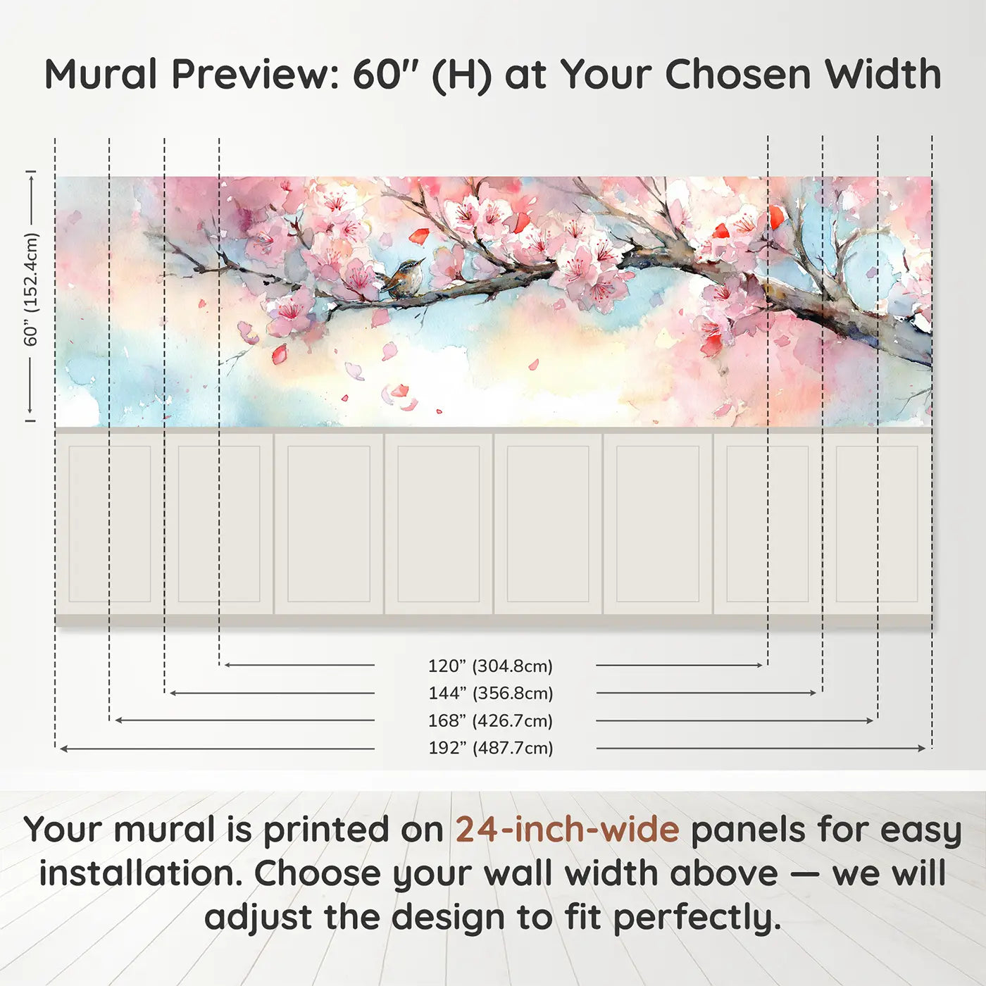 Panel dimensions for Cherry Blossom Petal Drift Wainscoting Wallpaper by Whimsy Tots
