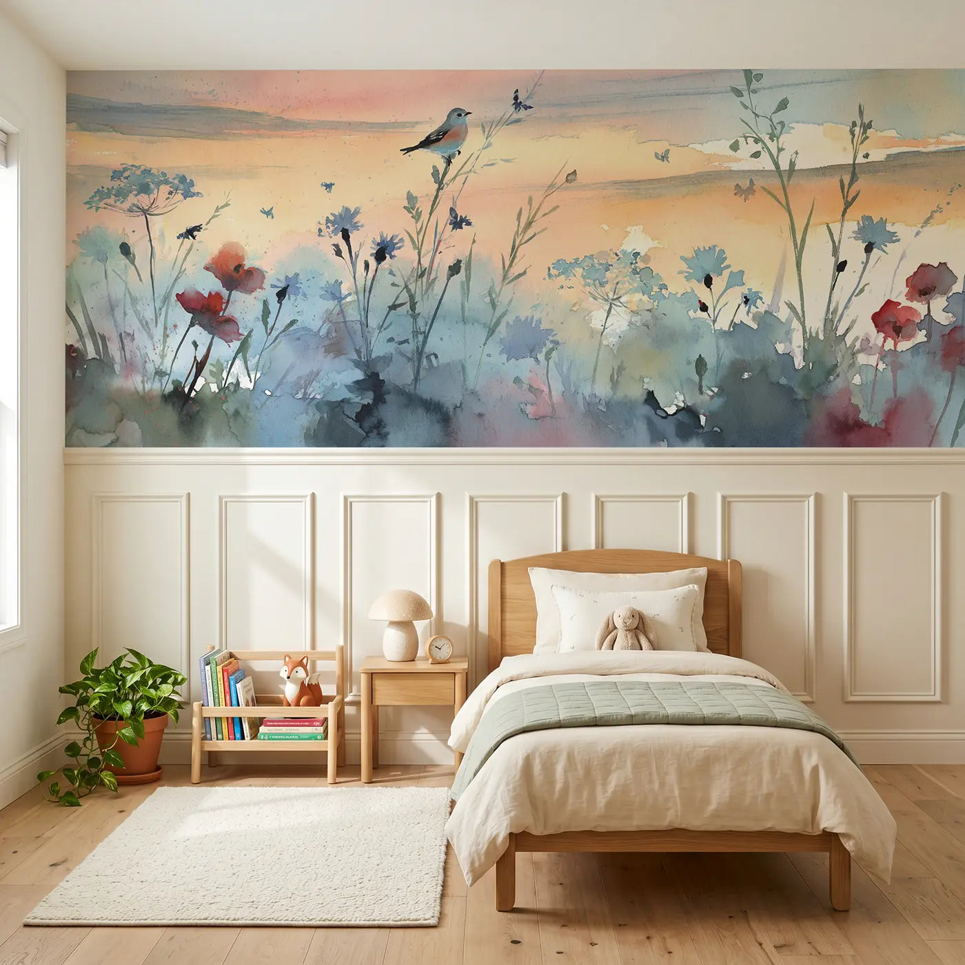 Watercolor wildflower meadow dawn wainscoting wallpaper for nursery by Whimsy Tots
