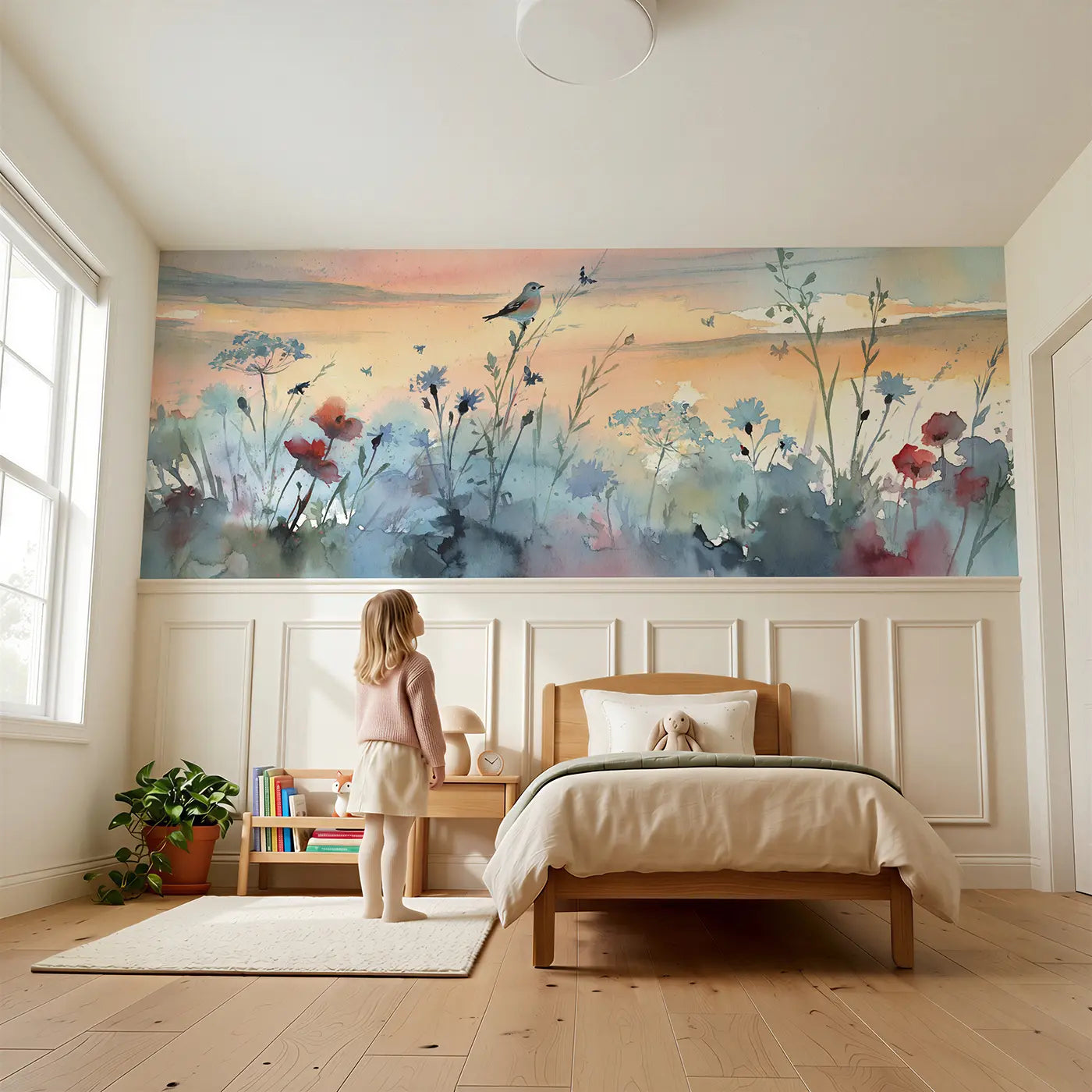 Child reading near Wildflower Meadow Dawn Wainscoting Wallpaper by Whimsy Tots