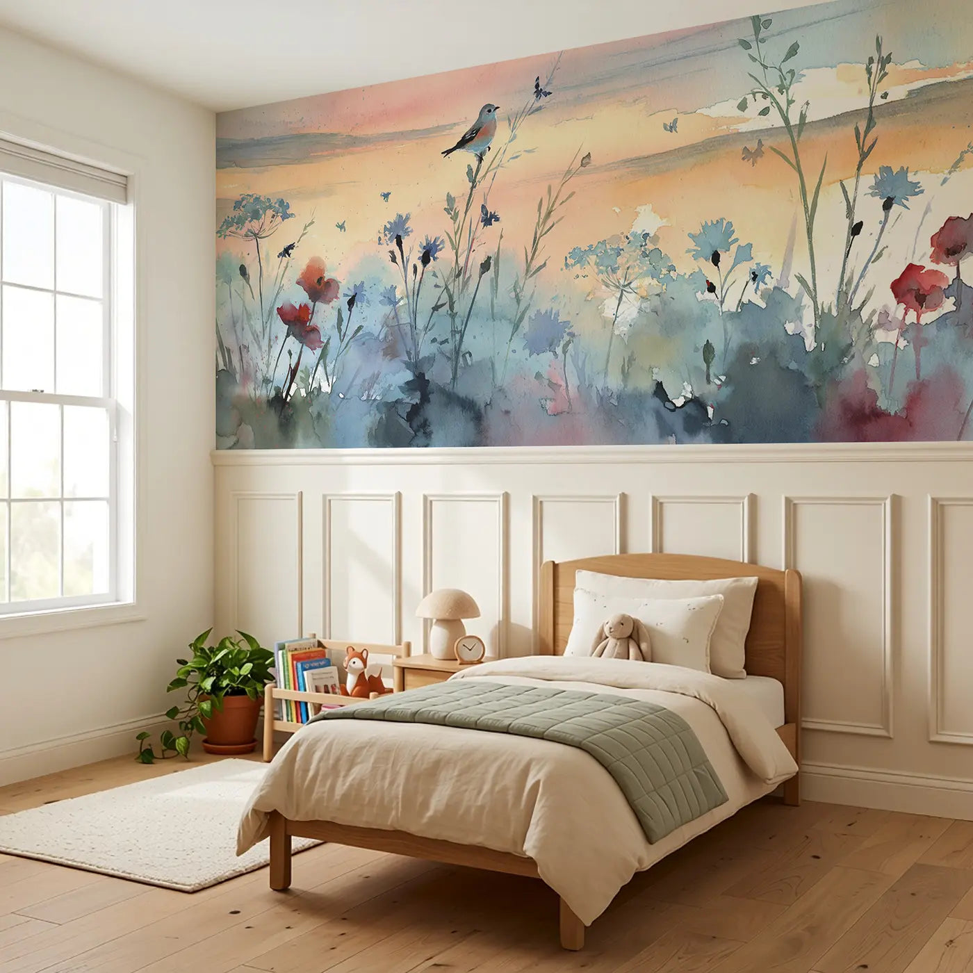Wildflower Meadow Dawn Wainscoting Wallpaper styled in a kids bedroom by Whimsy Tots