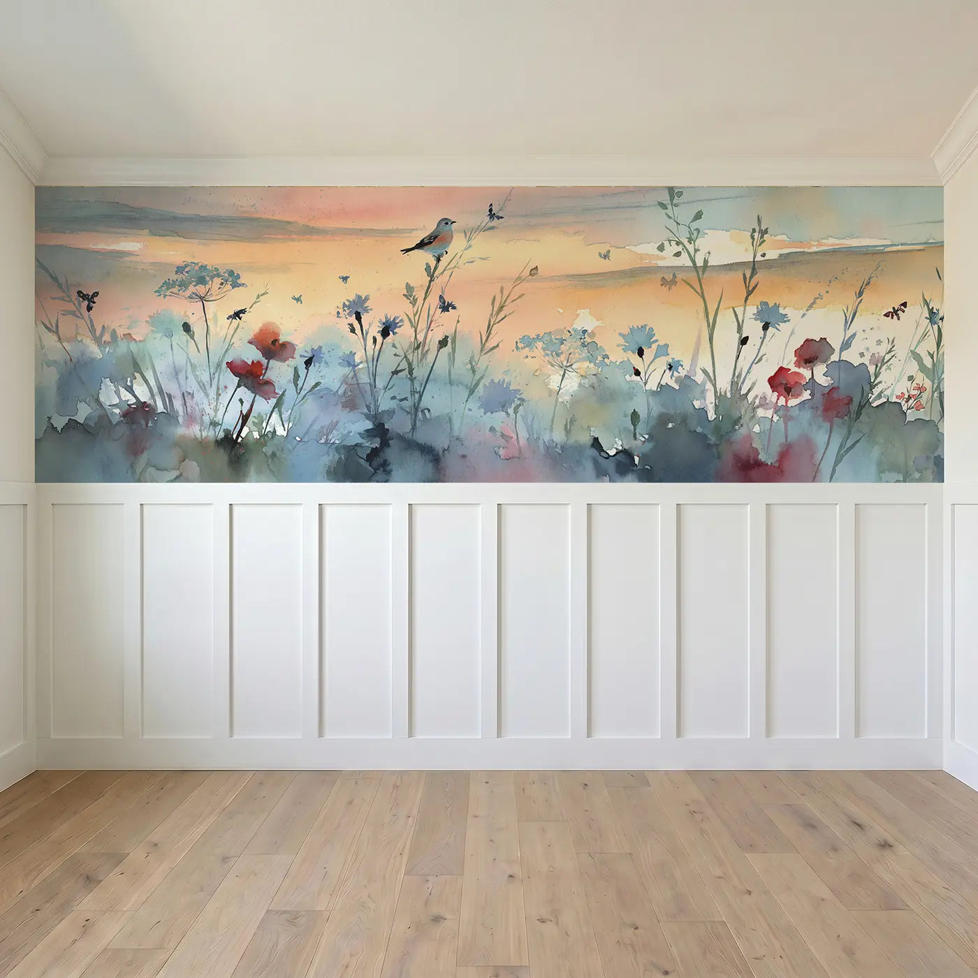 Full panel view of Wildflower Meadow Dawn Wainscoting Wallpaper by Whimsy Tots