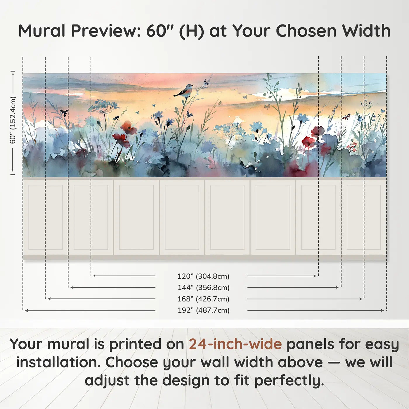 Panel dimensions for Wildflower Meadow Dawn Wainscoting Wallpaper by Whimsy Tots