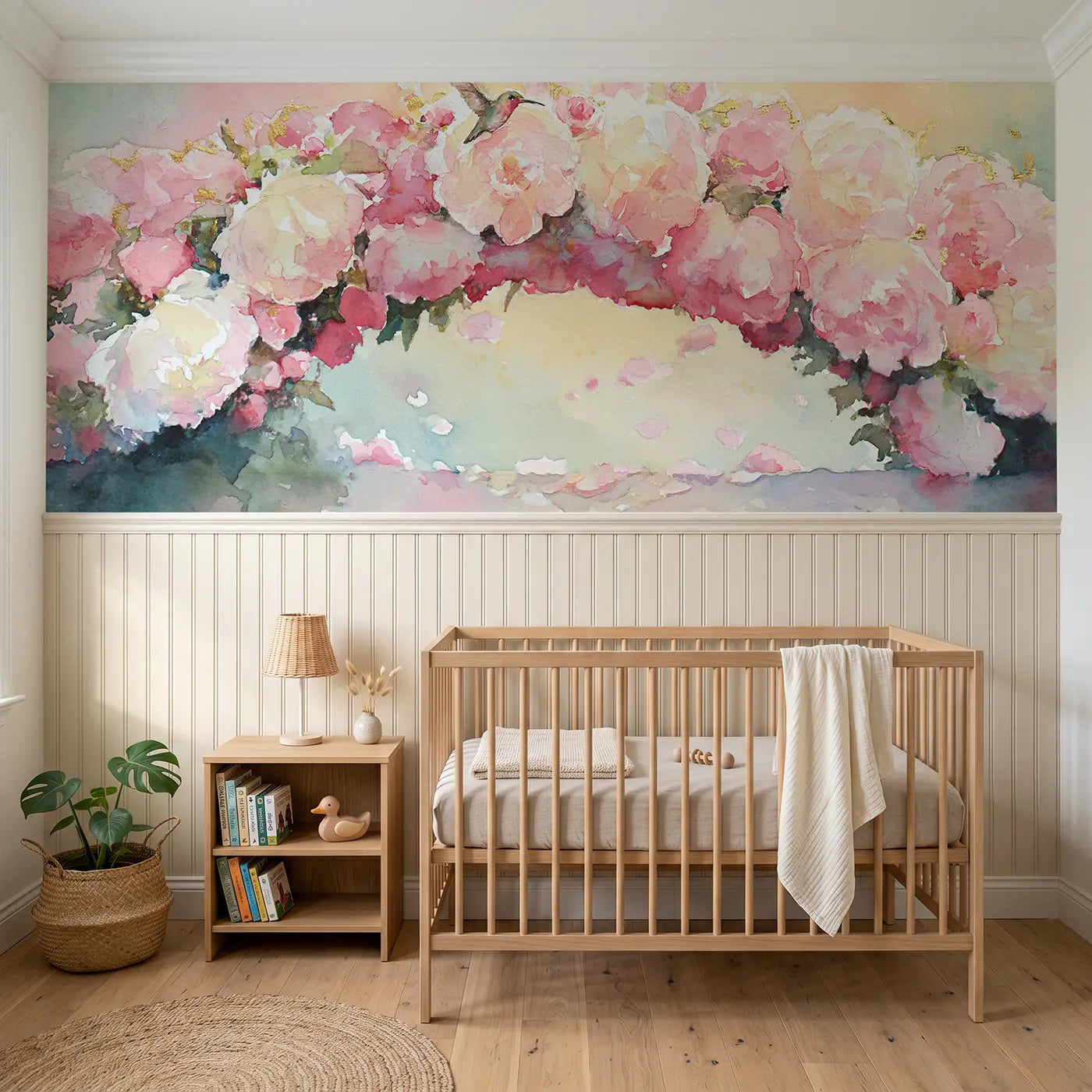 Watercolor peony garden archway wainscoting wallpaper for nursery by Whimsy Tots