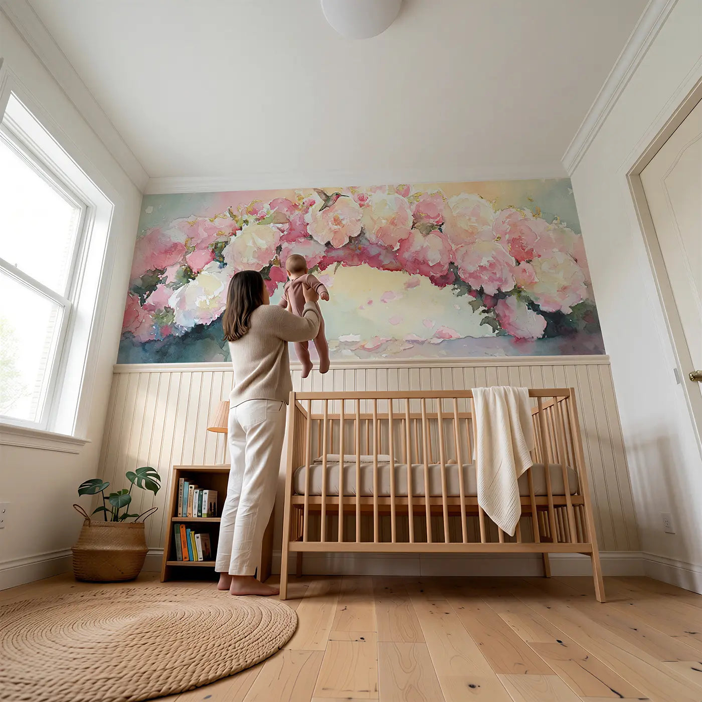 Child reading near Peony Garden Archway Wainscoting Wallpaper by Whimsy Tots