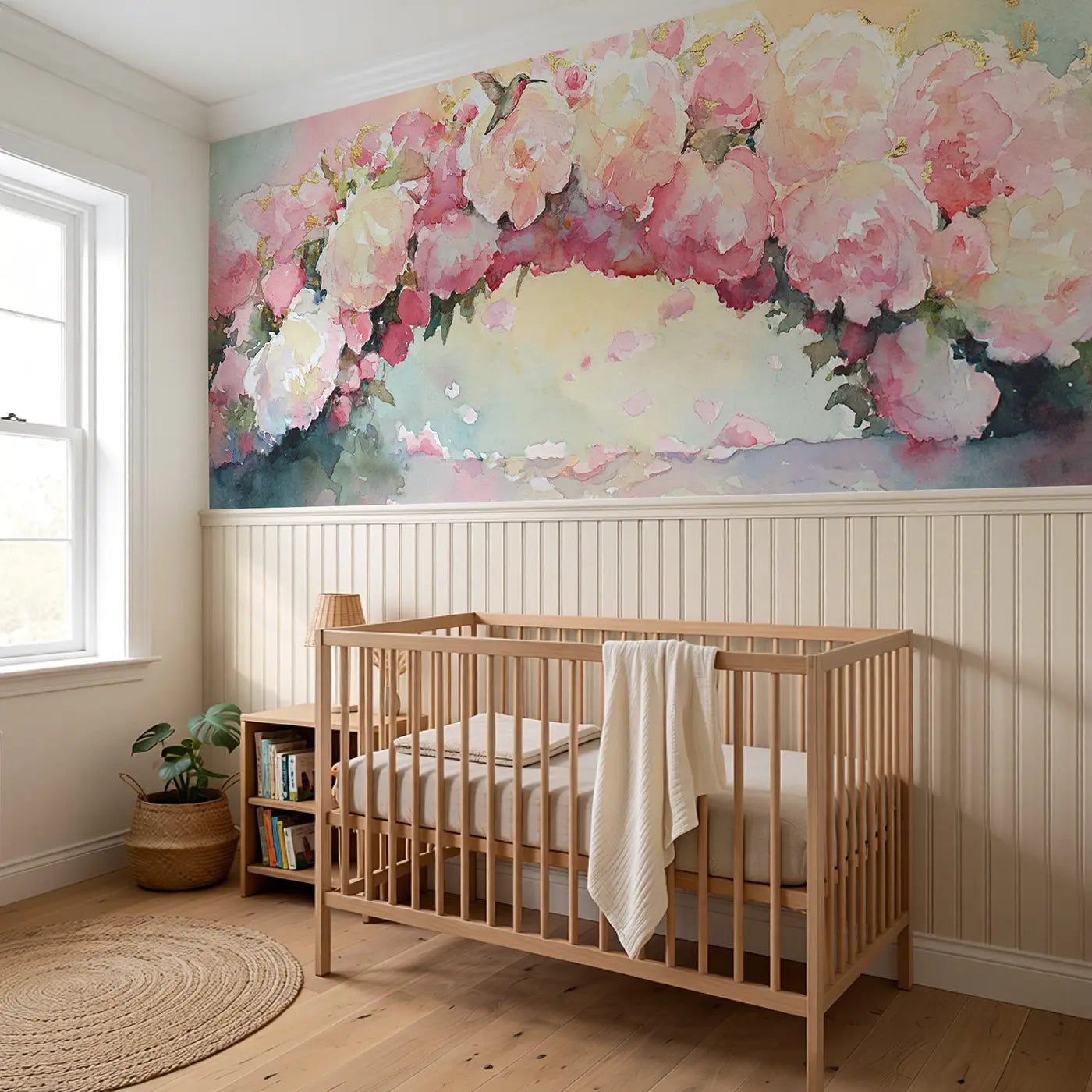 Peony Garden Archway Wainscoting Wallpaper styled in a kids bedroom by Whimsy Tots