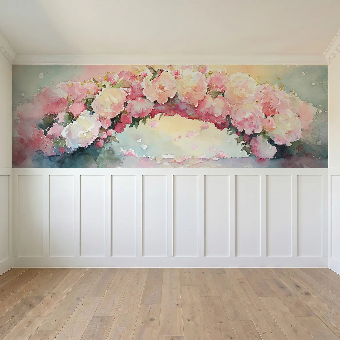Full panel view of Peony Garden Archway Wainscoting Wallpaper by Whimsy Tots