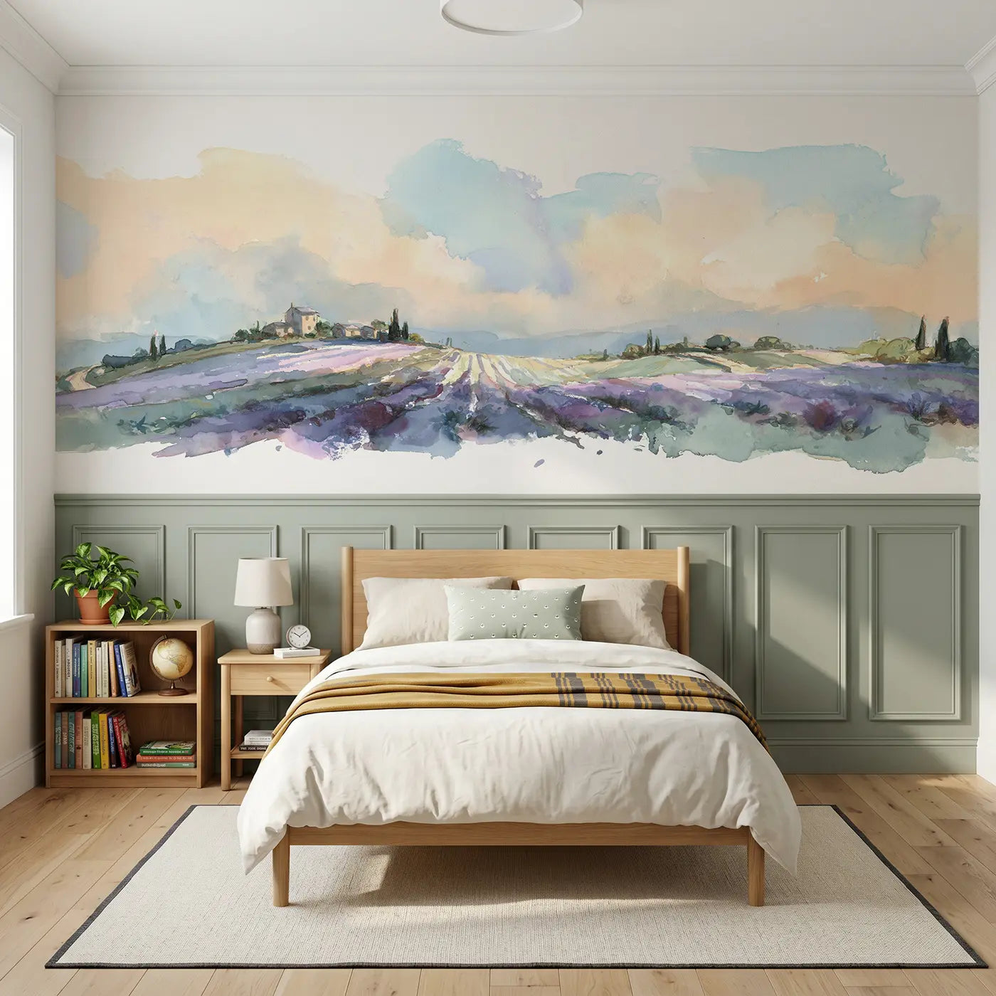 Watercolor lavender field rolling hills wainscoting wallpaper for bedroom by Whimsy Tots