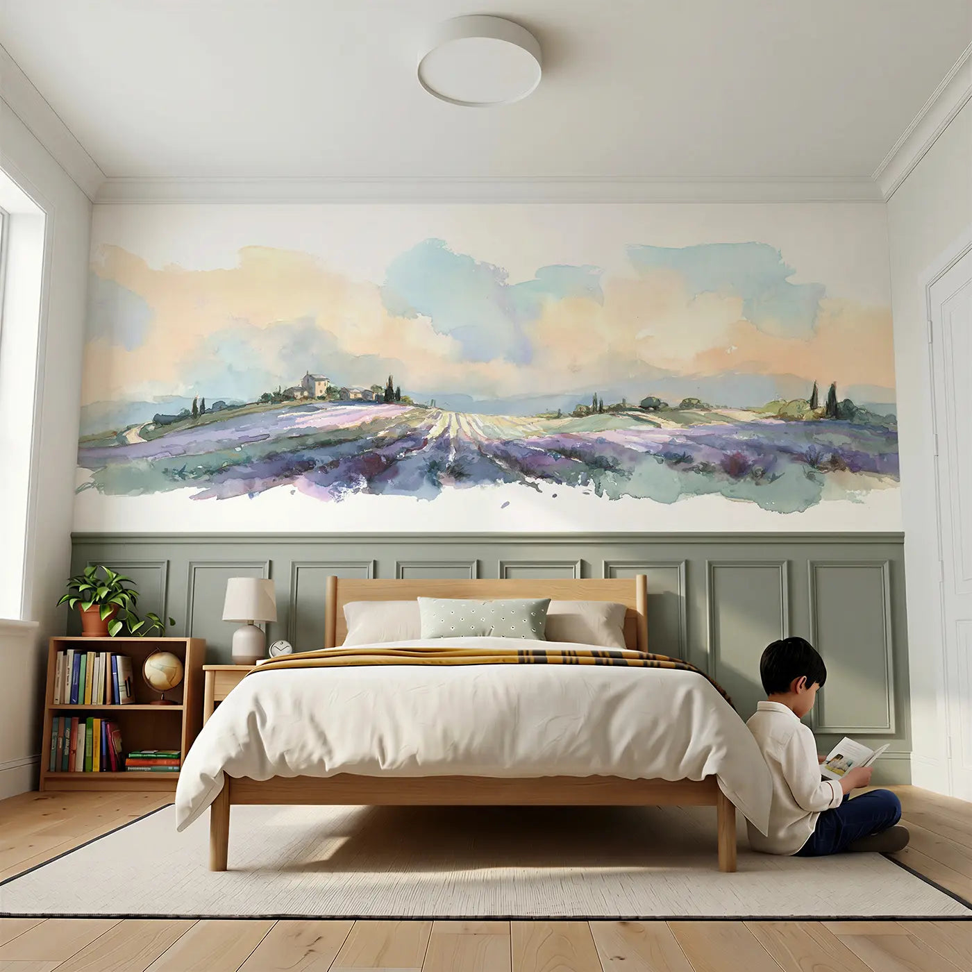 Child reading near Lavender Field Rolling Hills Wainscoting Wallpaper by Whimsy Tots