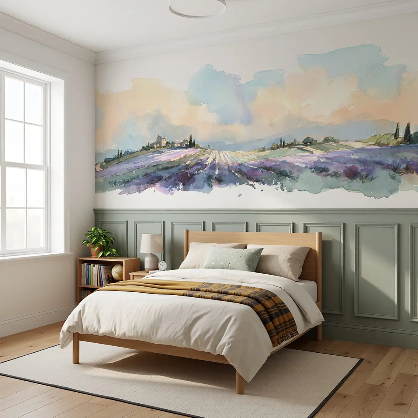 Lavender Field Rolling Hills Wainscoting Wallpaper styled in a kids bedroom by Whimsy Tots
