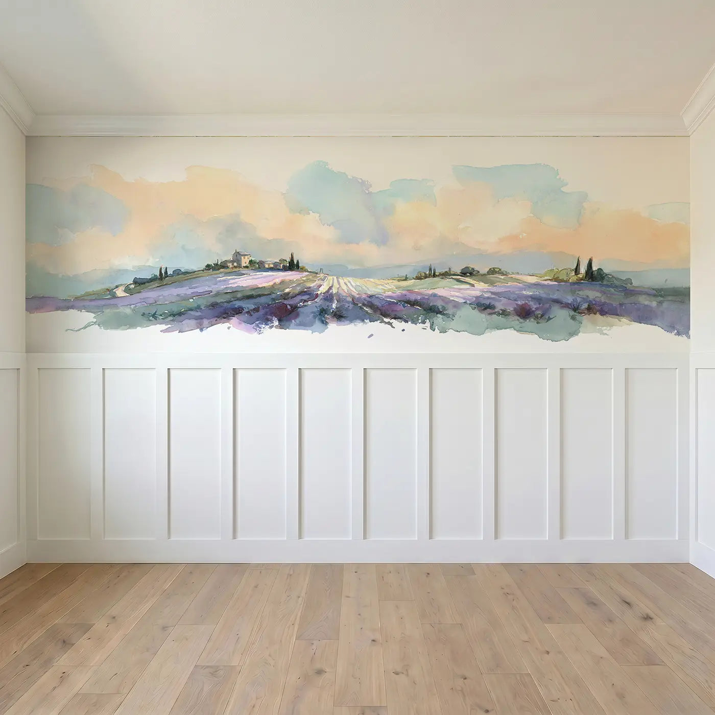 Full panel view of Lavender Field Rolling Hills Wainscoting Wallpaper by Whimsy Tots