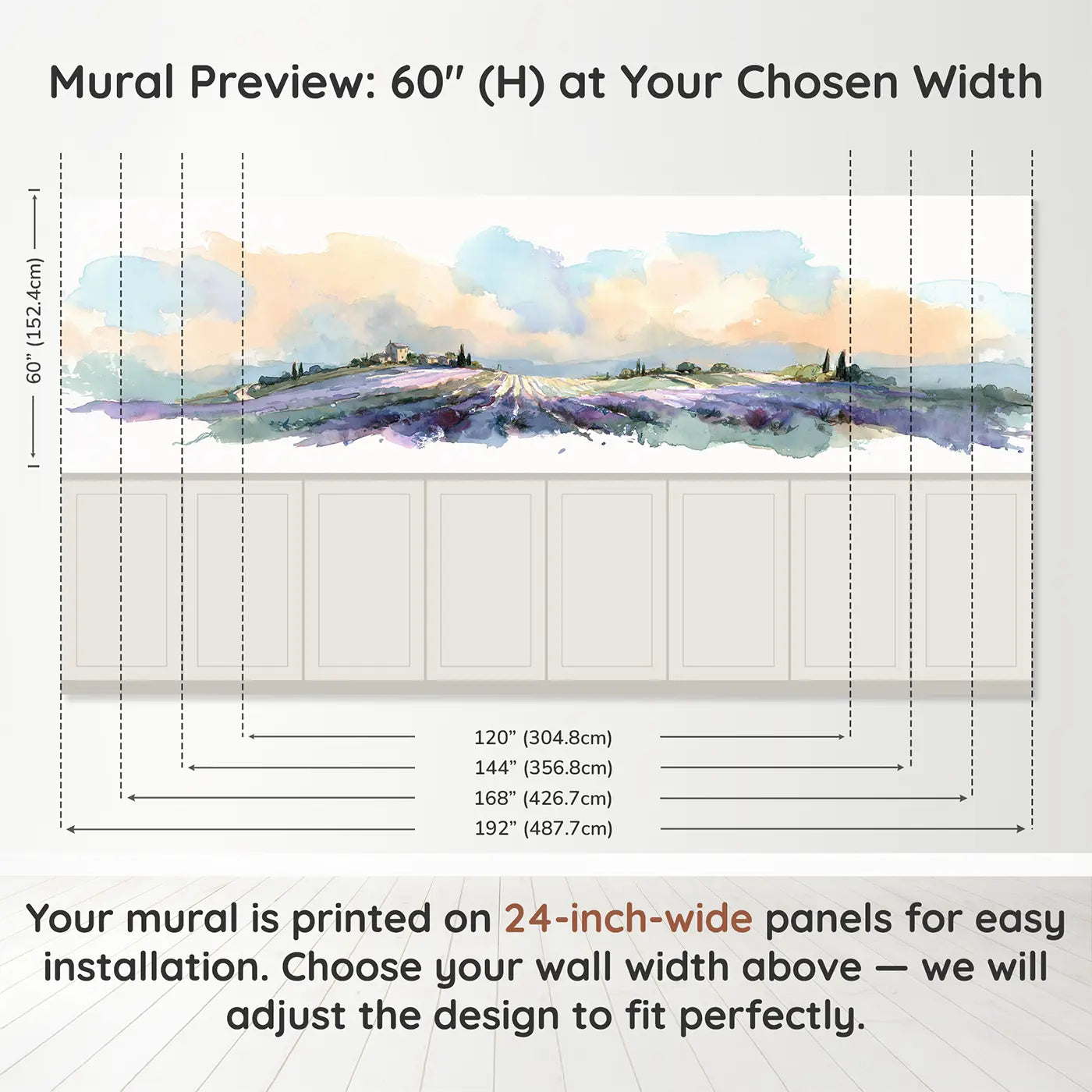Panel dimensions for Lavender Field Rolling Hills Wainscoting Wallpaper by Whimsy Tots