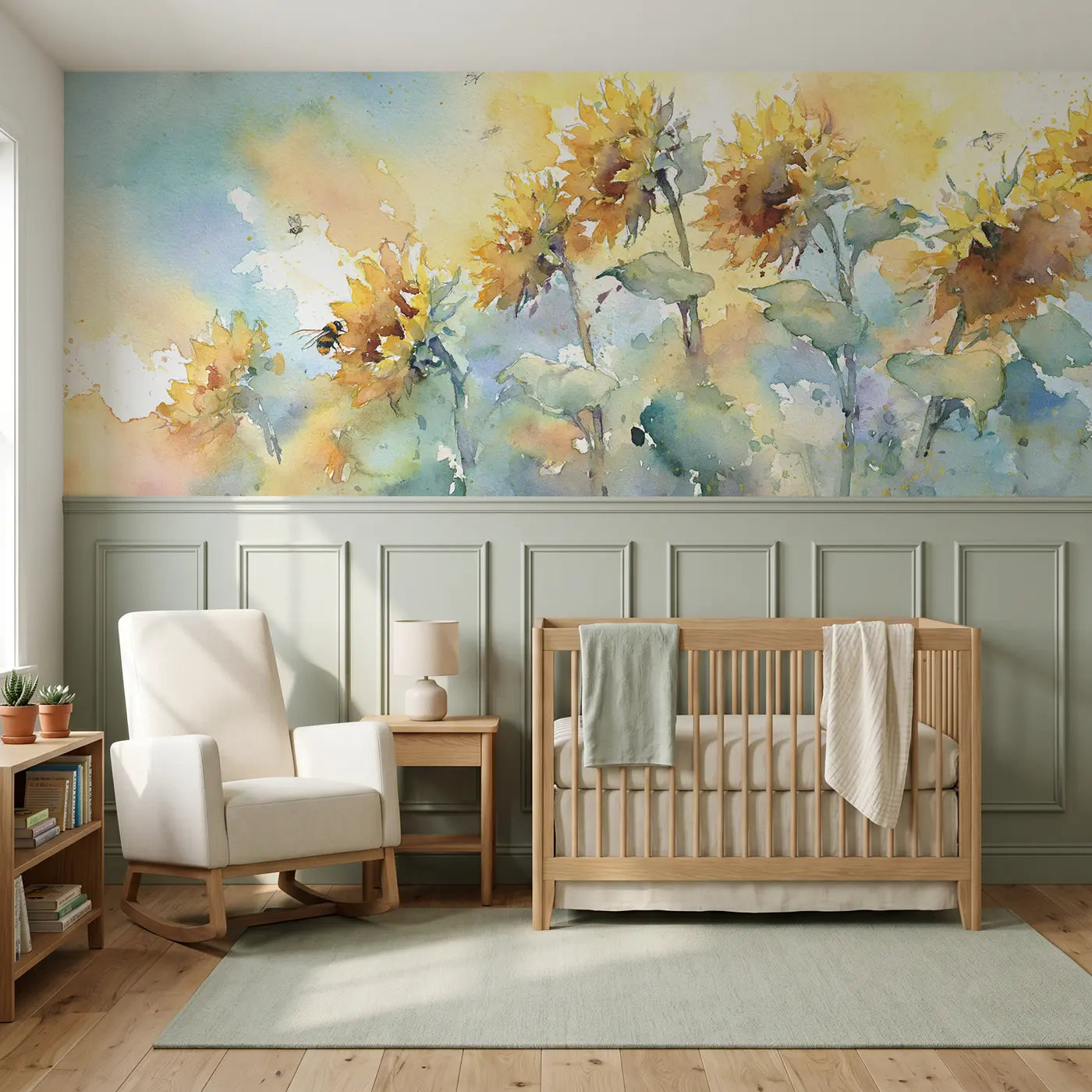 Watercolor sunflower sky reach wainscoting wallpaper for nursery by Whimsy Tots