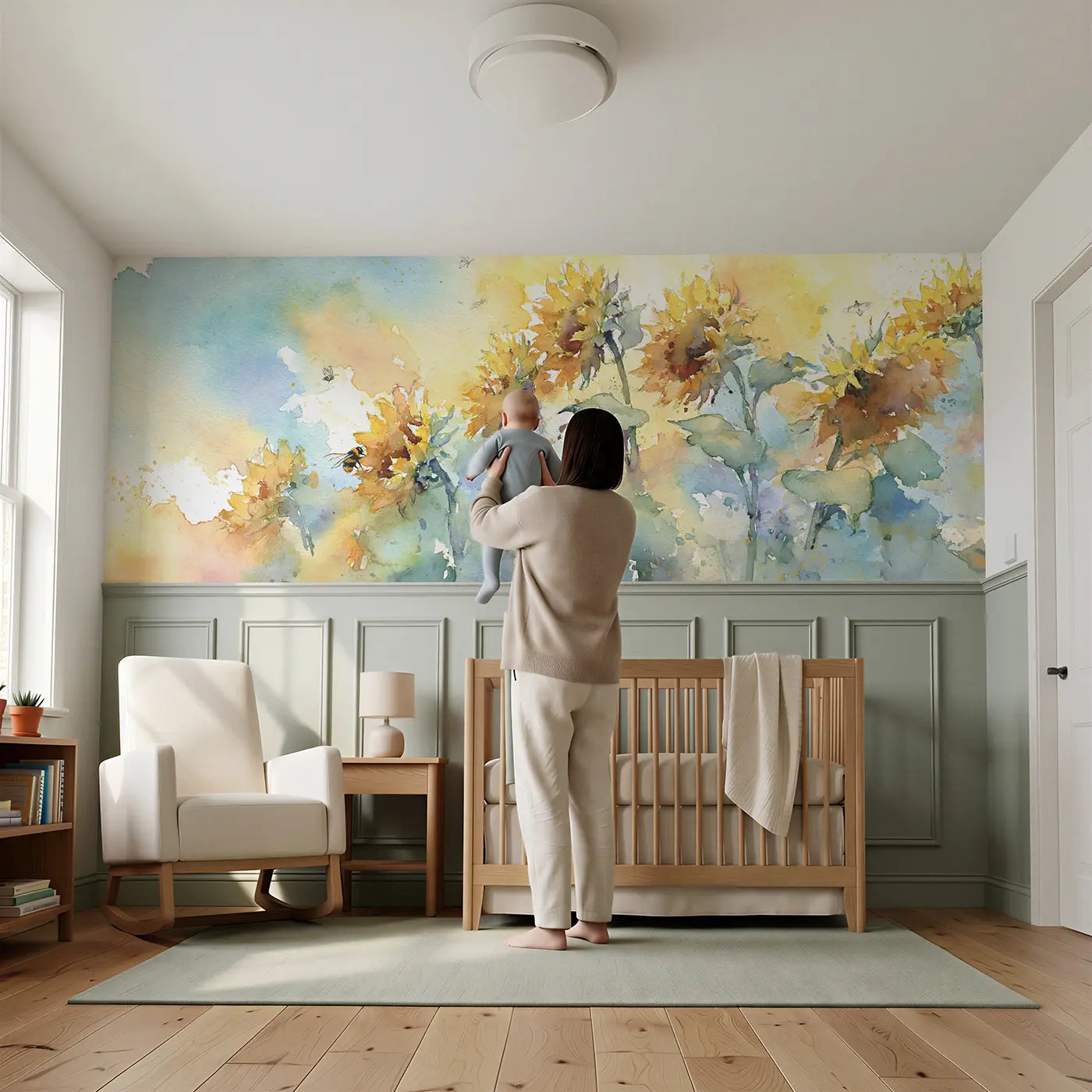 Child reading near Sunflower Sky Reach Wainscoting Wallpaper by Whimsy Tots