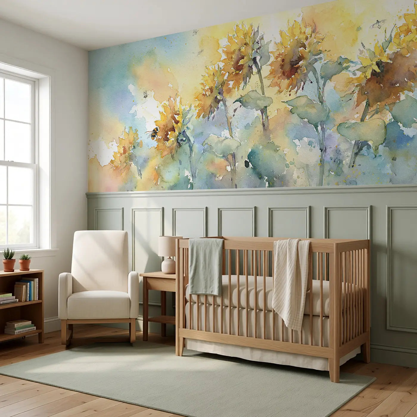 Sunflower Sky Reach Wainscoting Wallpaper styled in a kids bedroom by Whimsy Tots