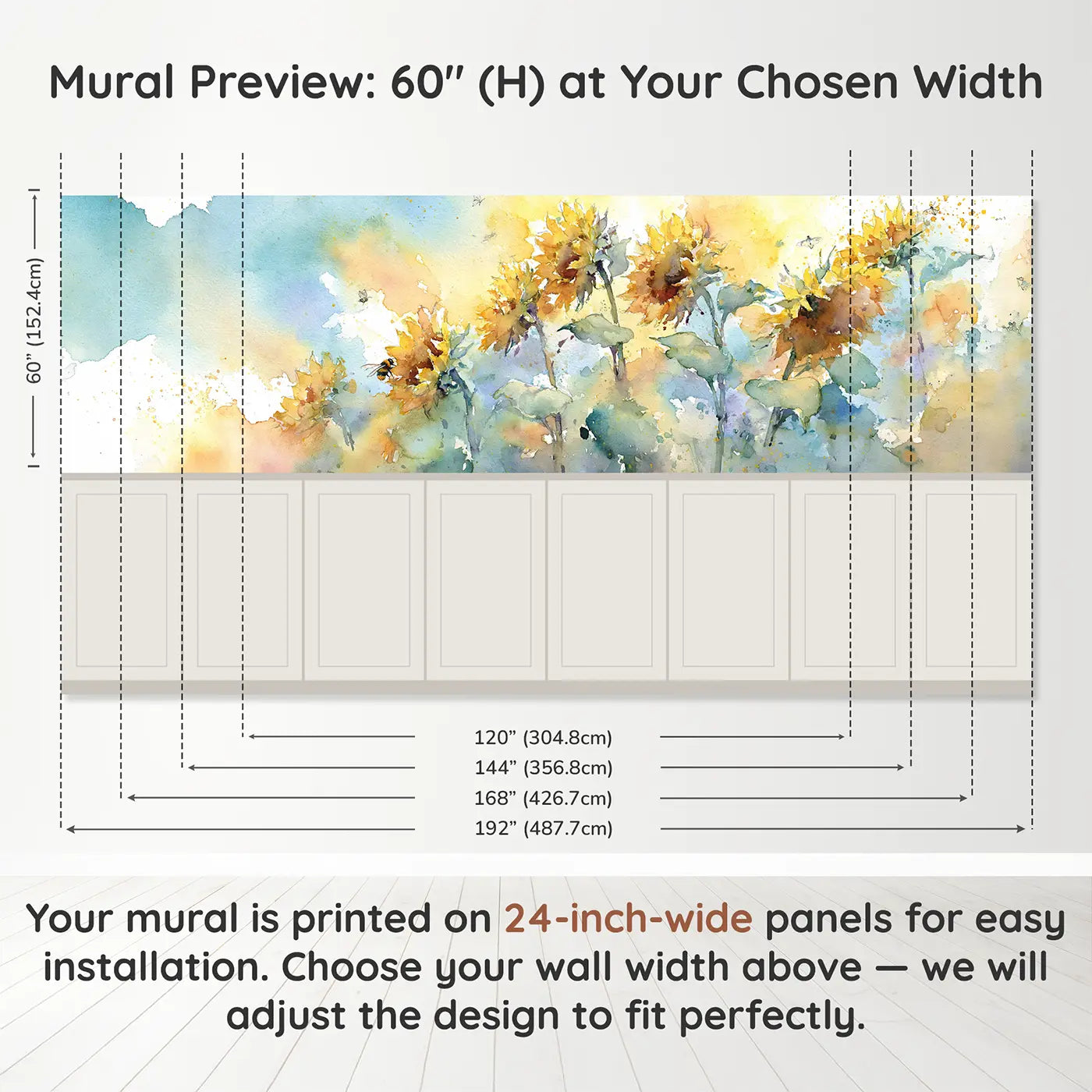 Panel dimensions for Sunflower Sky Reach Wainscoting Wallpaper by Whimsy Tots