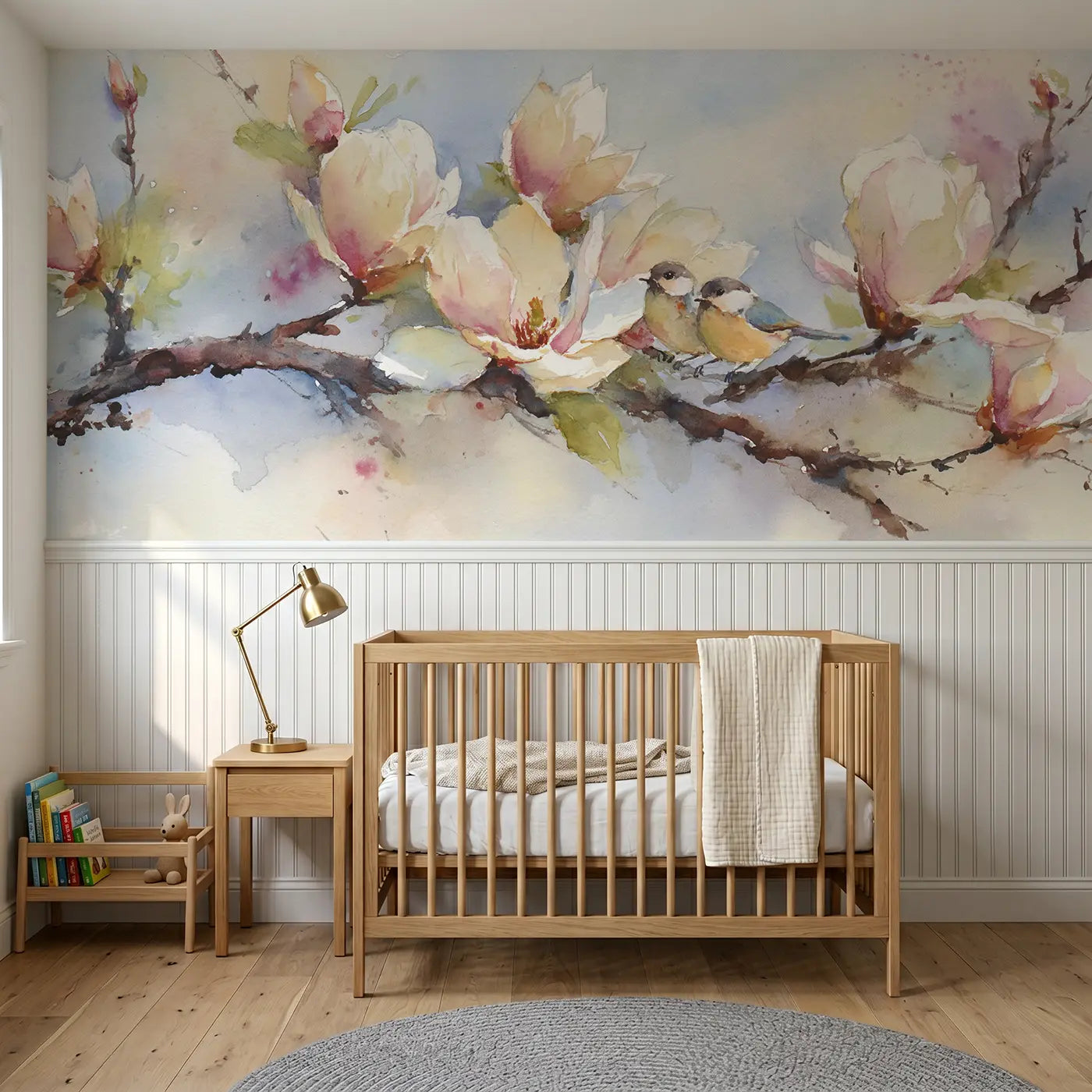 Watercolor magnolia branch soft morning wainscoting wallpaper for nursery by Whimsy Tots