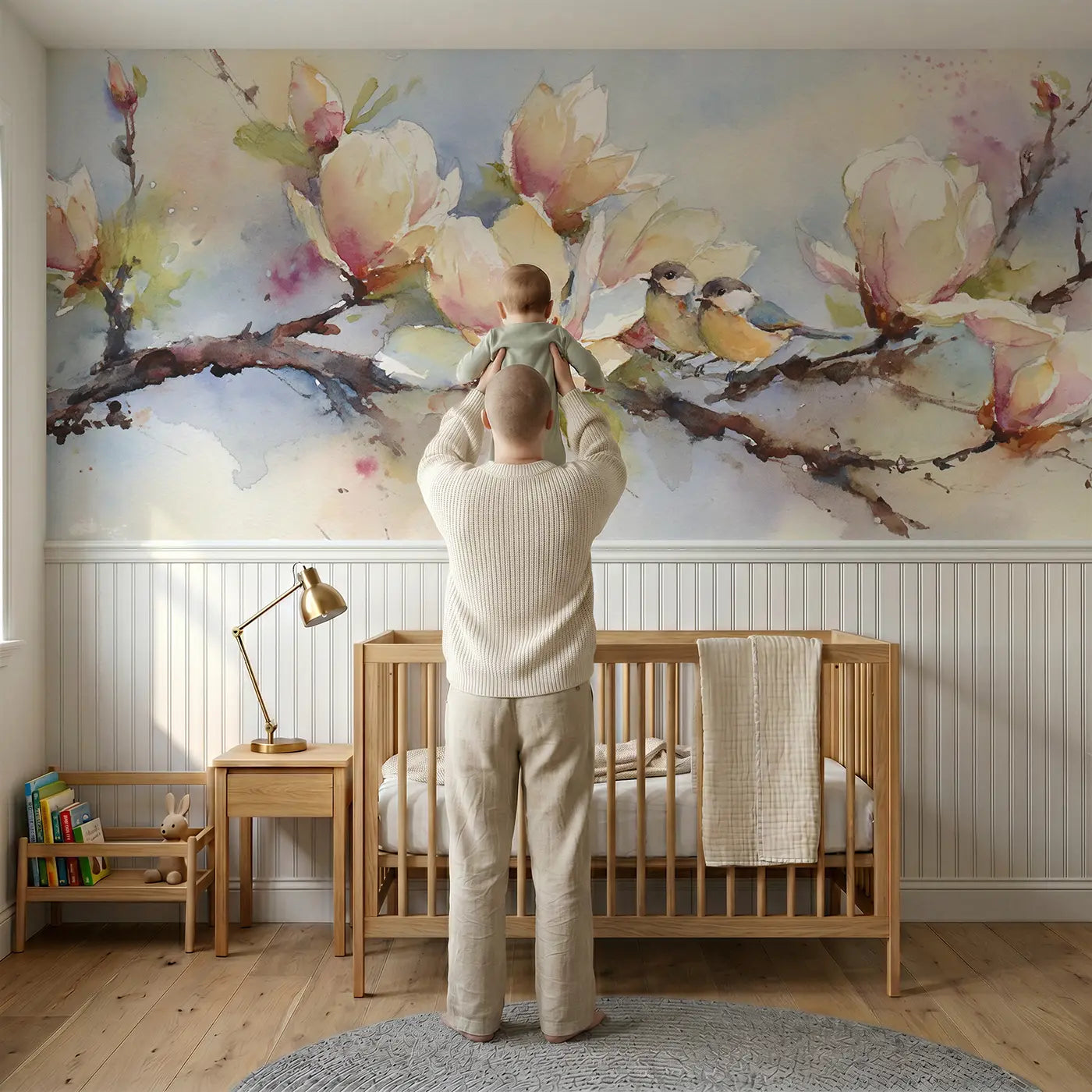 Child reading near Magnolia Branch Soft Morning Wainscoting Wallpaper by Whimsy Tots