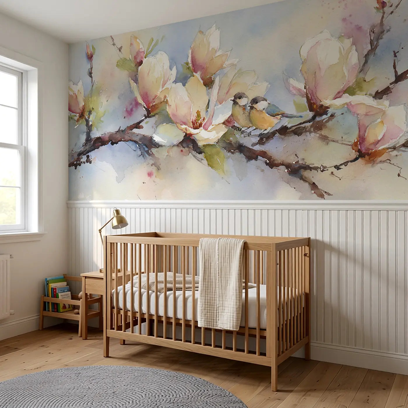 Magnolia Branch Soft Morning Wainscoting Wallpaper styled in a kids bedroom by Whimsy Tots