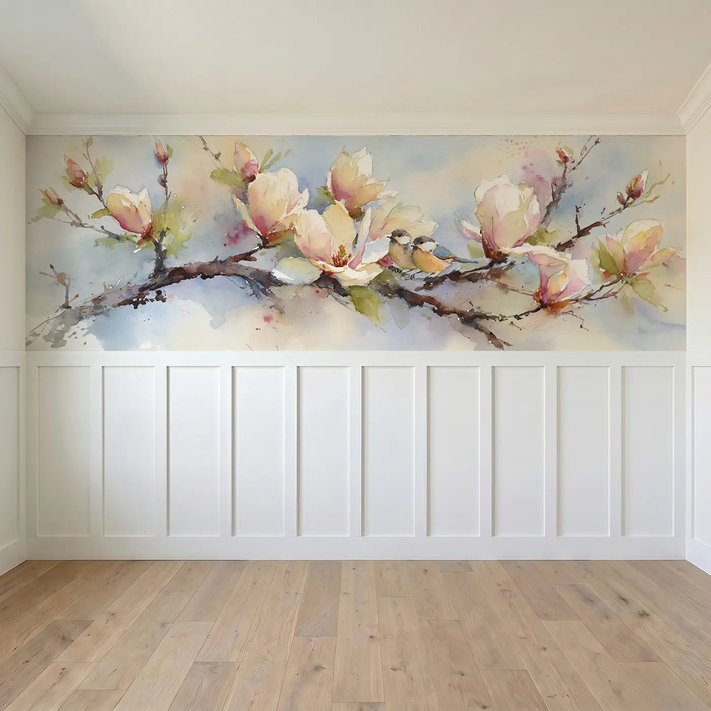 Full panel view of Magnolia Branch Soft Morning Wainscoting Wallpaper by Whimsy Tots