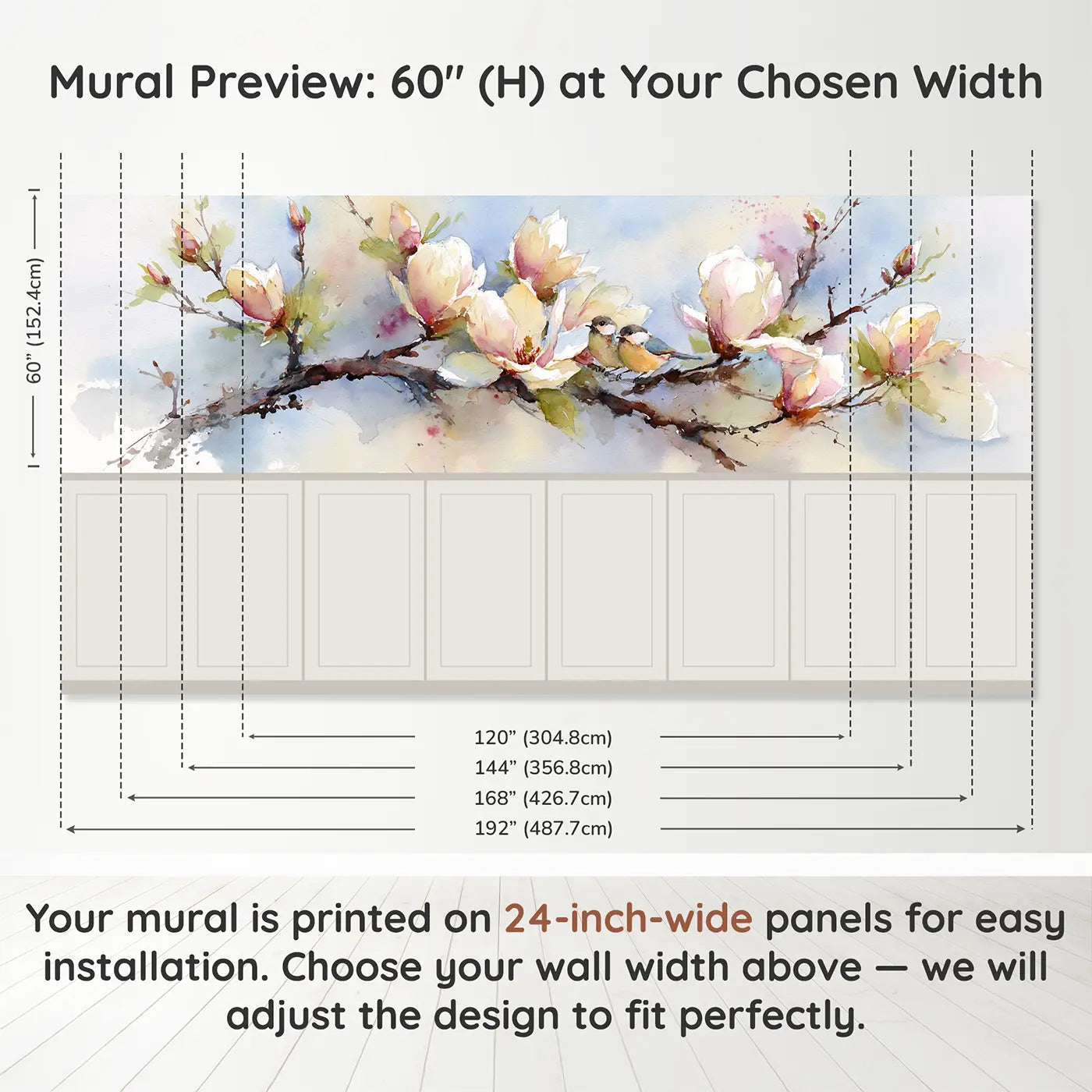 Panel dimensions for Magnolia Branch Soft Morning Wainscoting Wallpaper by Whimsy Tots