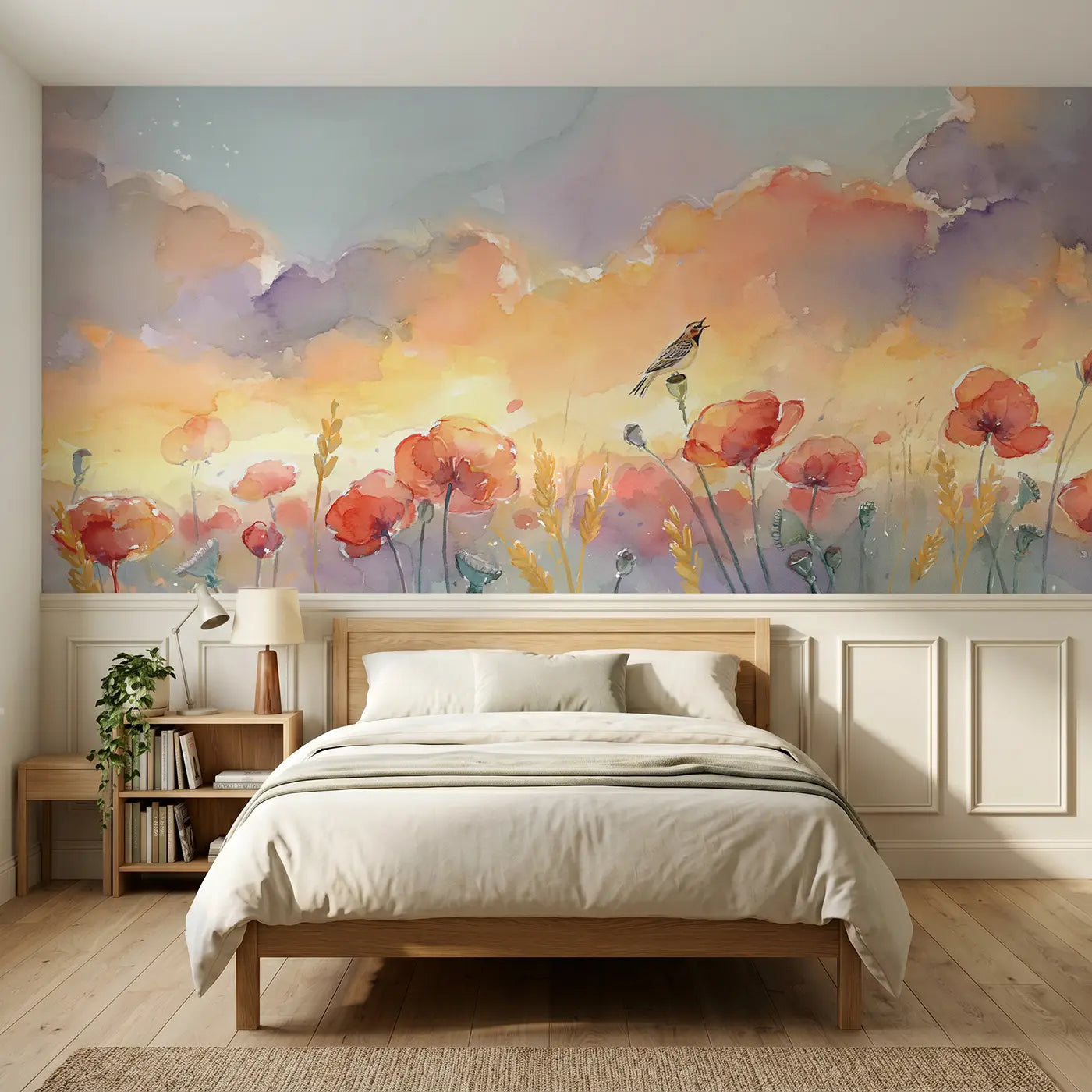 Watercolor poppy field sunset horizon wainscoting wallpaper for bedroom by Whimsy Tots