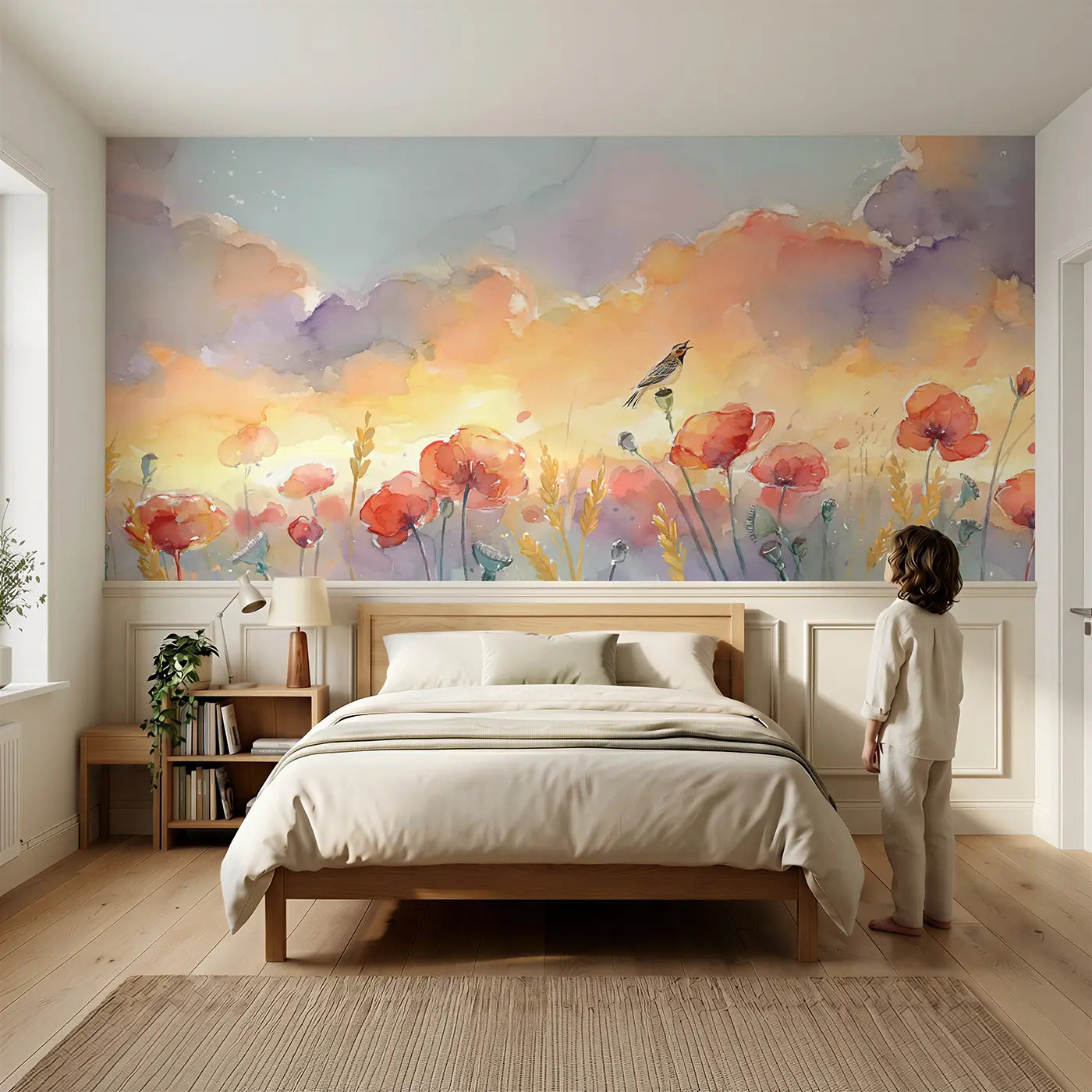 Child reading near Poppy Field Sunset Horizon Wainscoting Wallpaper by Whimsy Tots