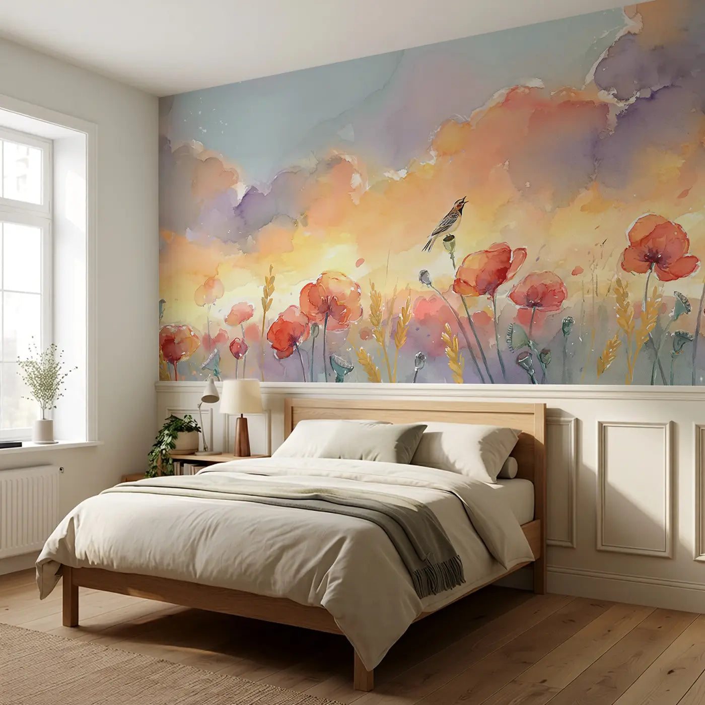 Poppy Field Sunset Horizon Wainscoting Wallpaper styled in a kids bedroom by Whimsy Tots