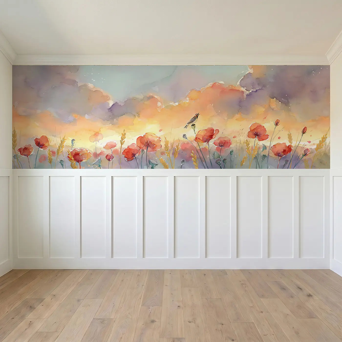 Full panel view of Poppy Field Sunset Horizon Wainscoting Wallpaper by Whimsy Tots