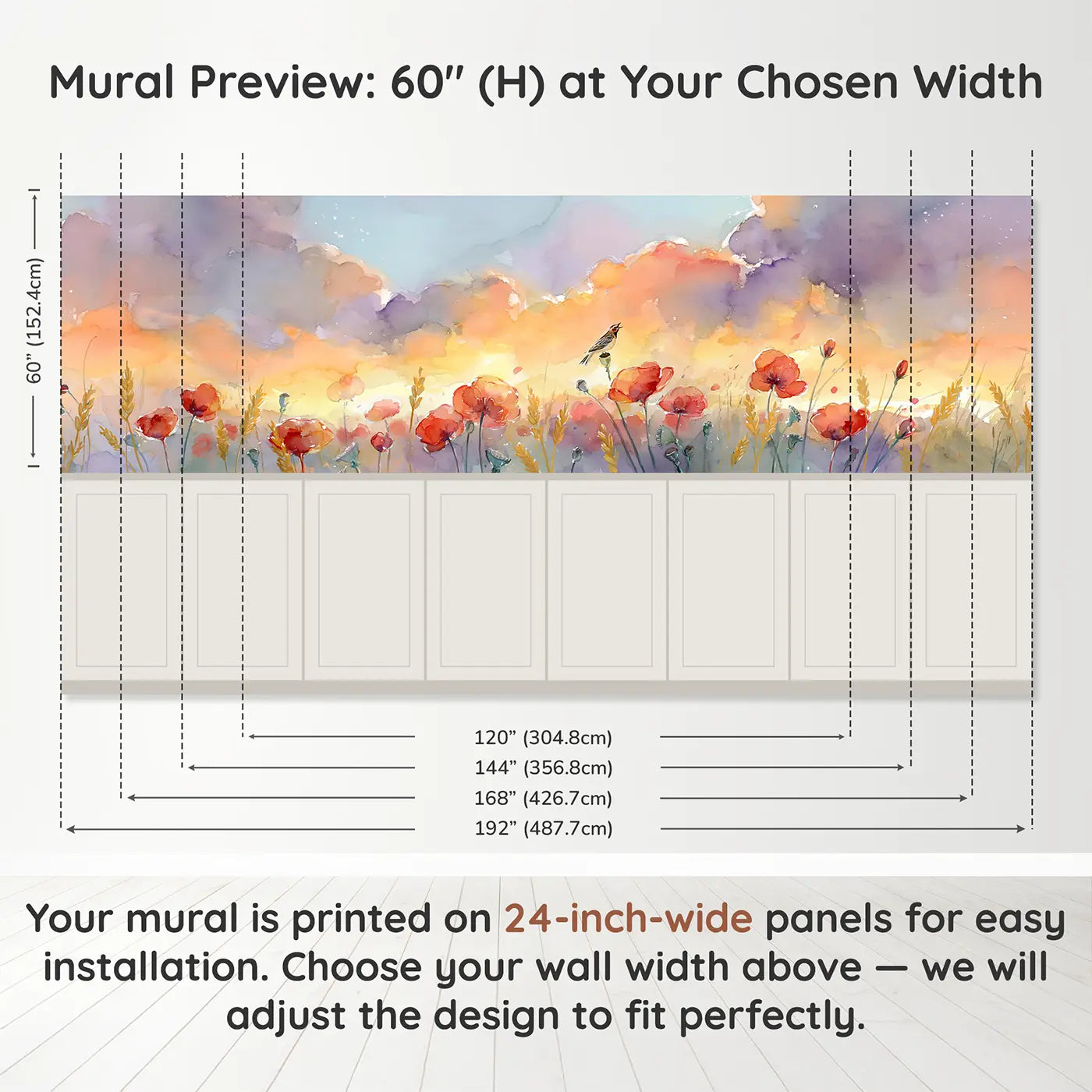 Panel dimensions for Poppy Field Sunset Horizon Wainscoting Wallpaper by Whimsy Tots