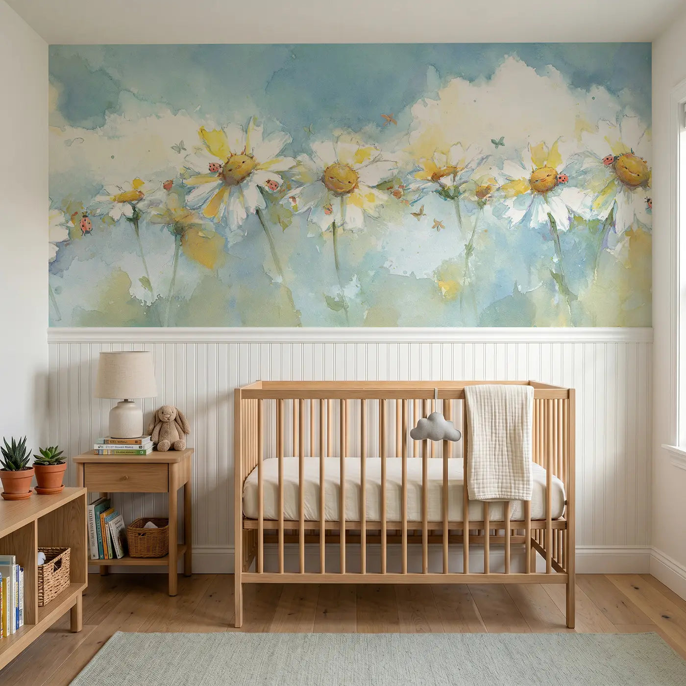 Watercolor daisy chain floating clouds wainscoting wallpaper for nursery by Whimsy Tots