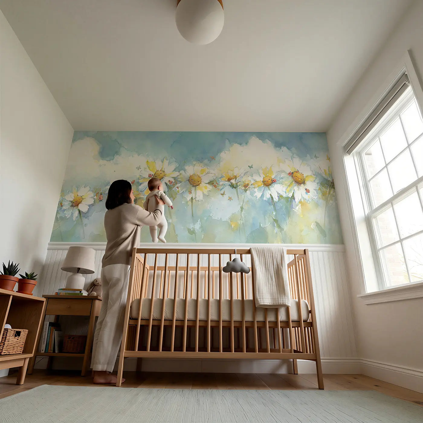 Child reading near Daisy Chain Floating Clouds Wainscoting Wallpaper by Whimsy Tots
