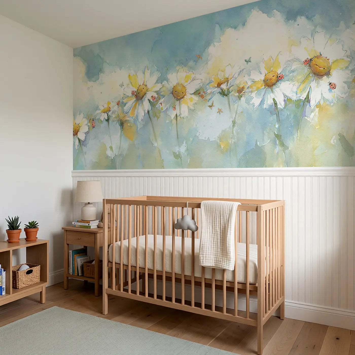 Daisy Chain Floating Clouds Wainscoting Wallpaper styled in a kids bedroom by Whimsy Tots