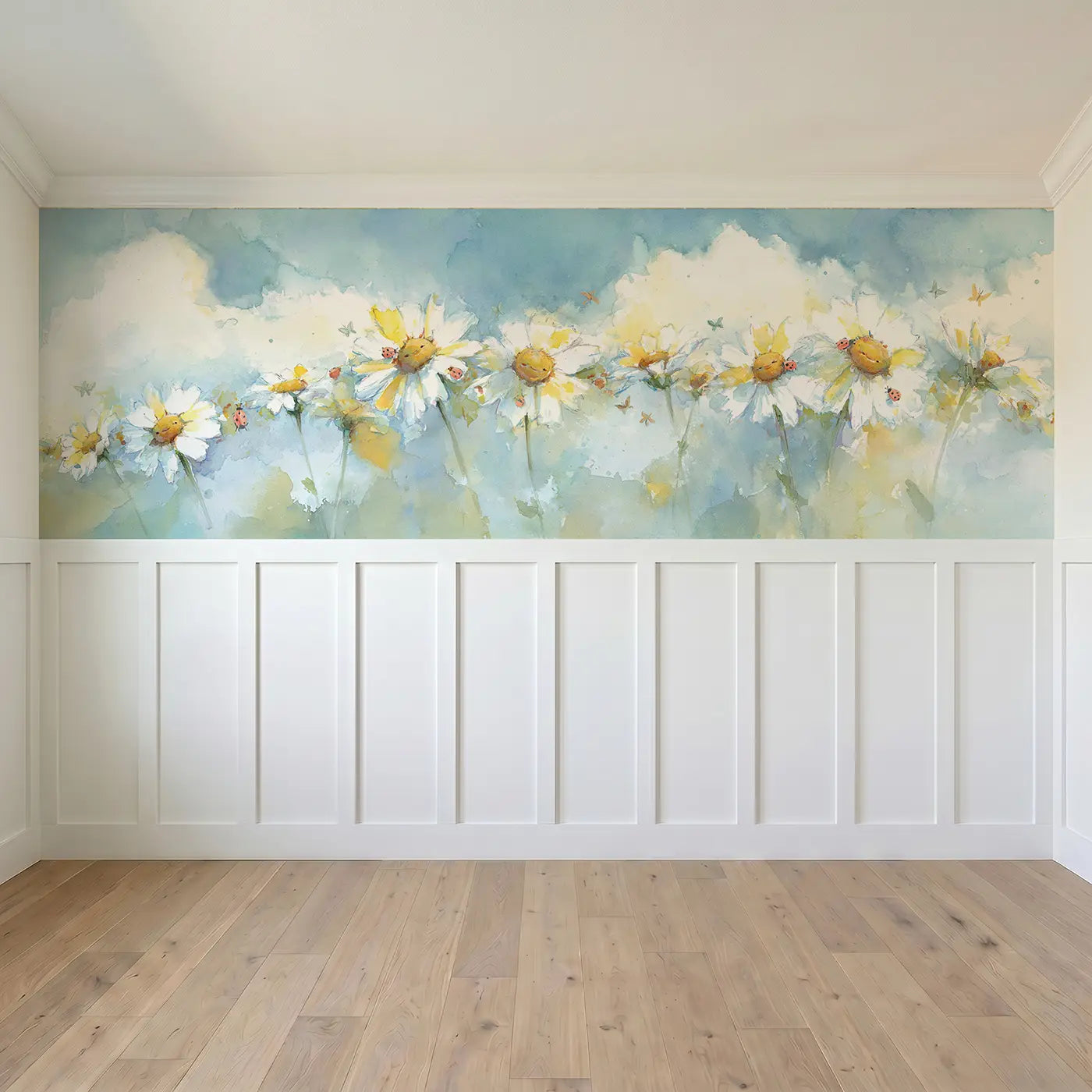 Full panel view of Daisy Chain Floating Clouds Wainscoting Wallpaper by Whimsy Tots