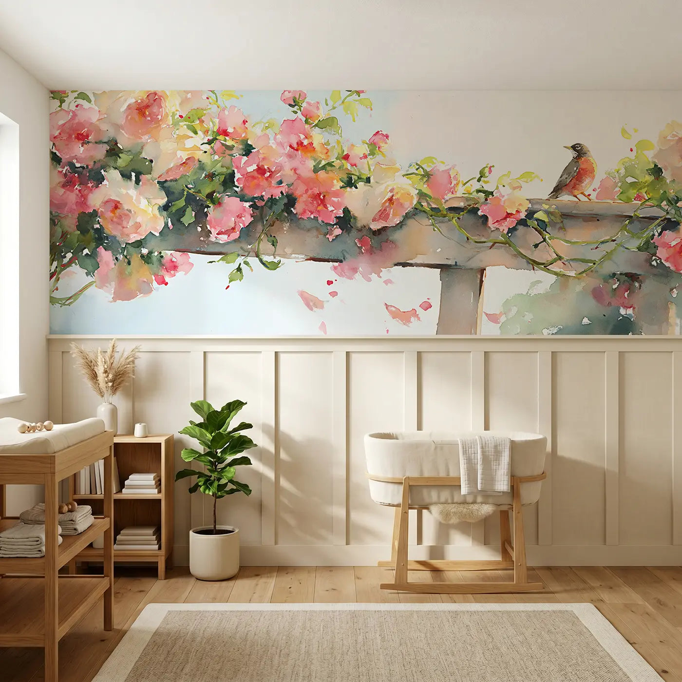 Watercolor rose trellis garden gate wainscoting wallpaper for nursery by Whimsy Tots