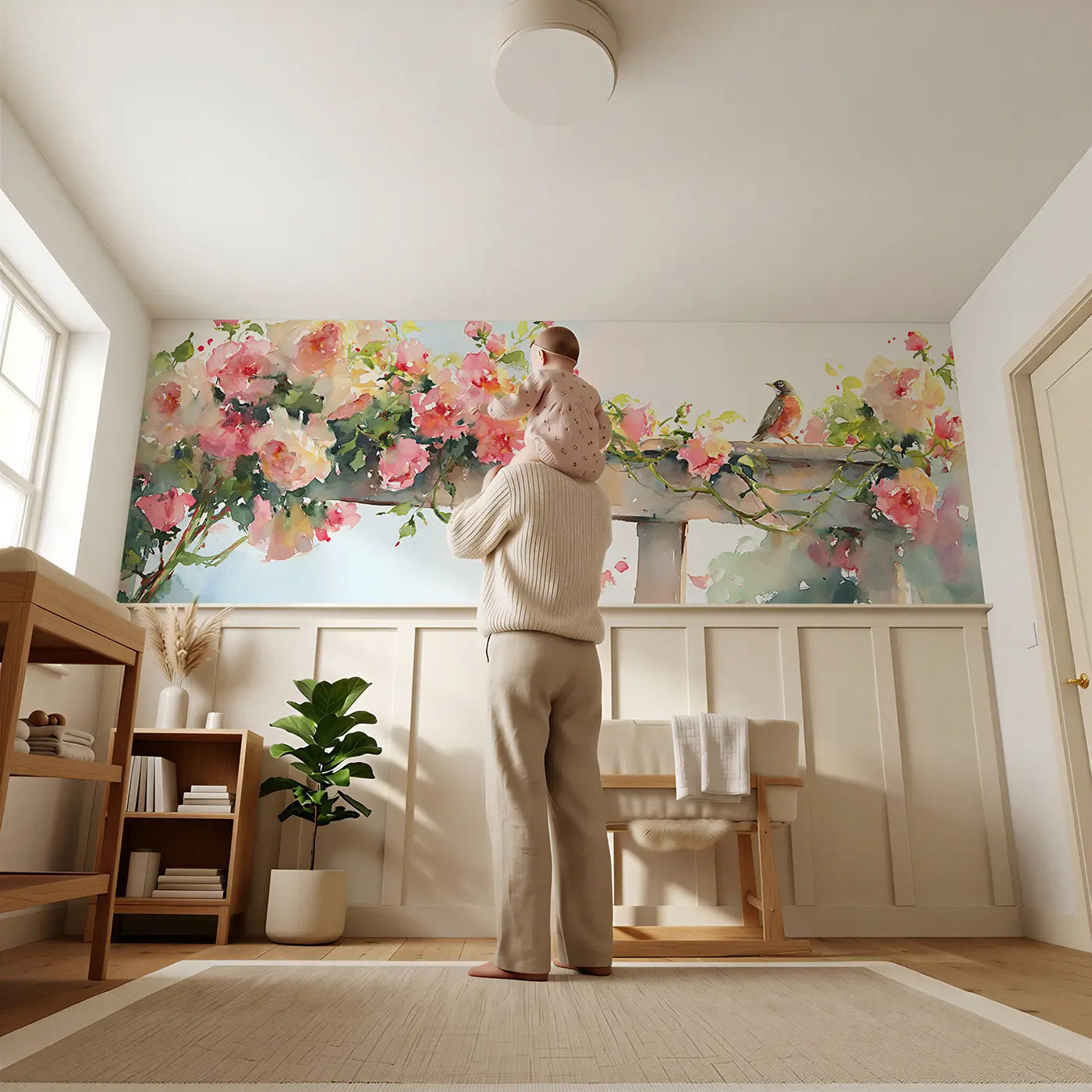 Child reading near Rose Trellis Garden Gate Wainscoting Wallpaper by Whimsy Tots
