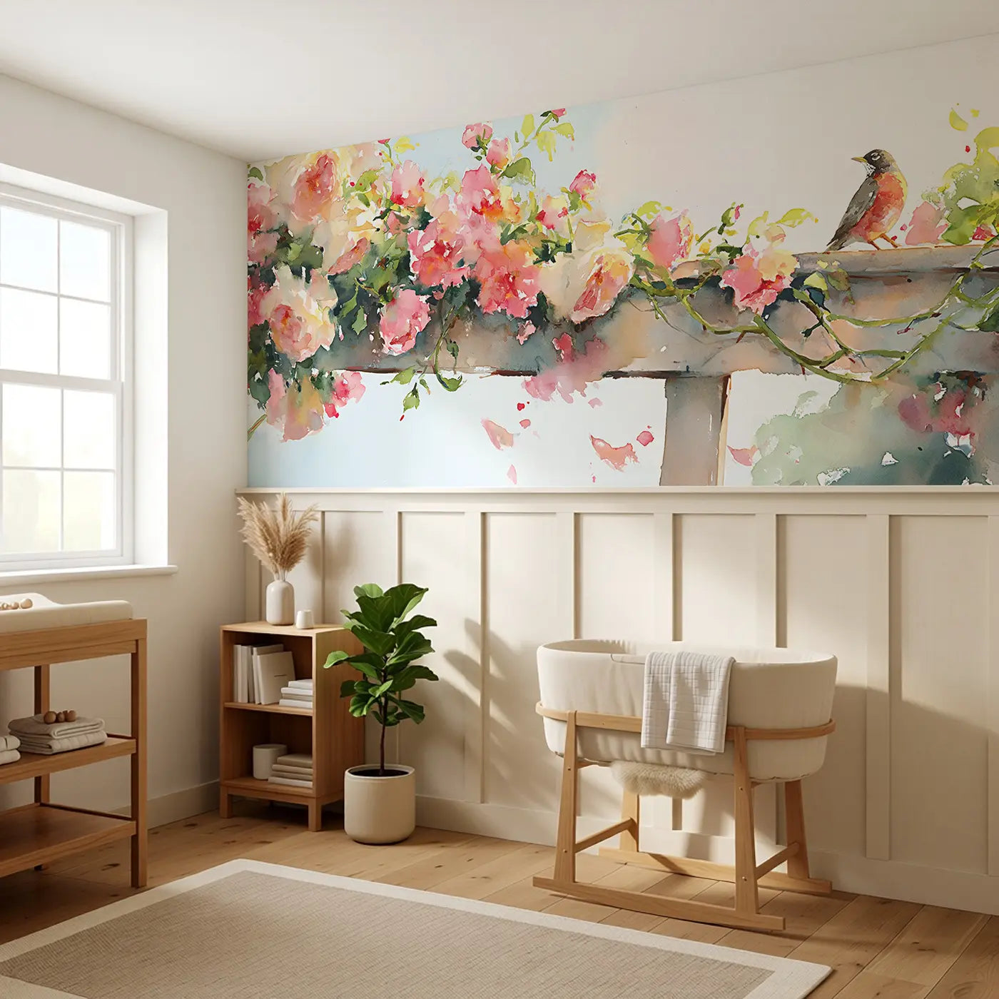 Rose Trellis Garden Gate Wainscoting Wallpaper styled in a kids bedroom by Whimsy Tots