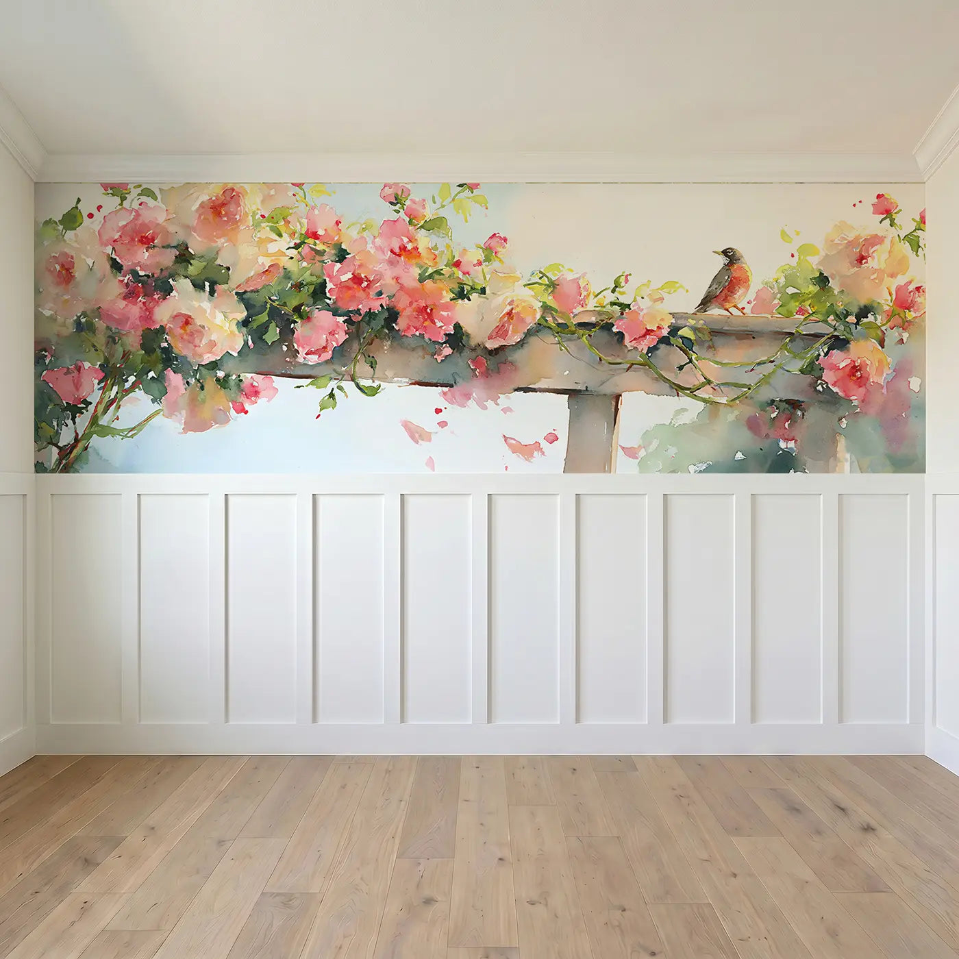 Full panel view of Rose Trellis Garden Gate Wainscoting Wallpaper by Whimsy Tots