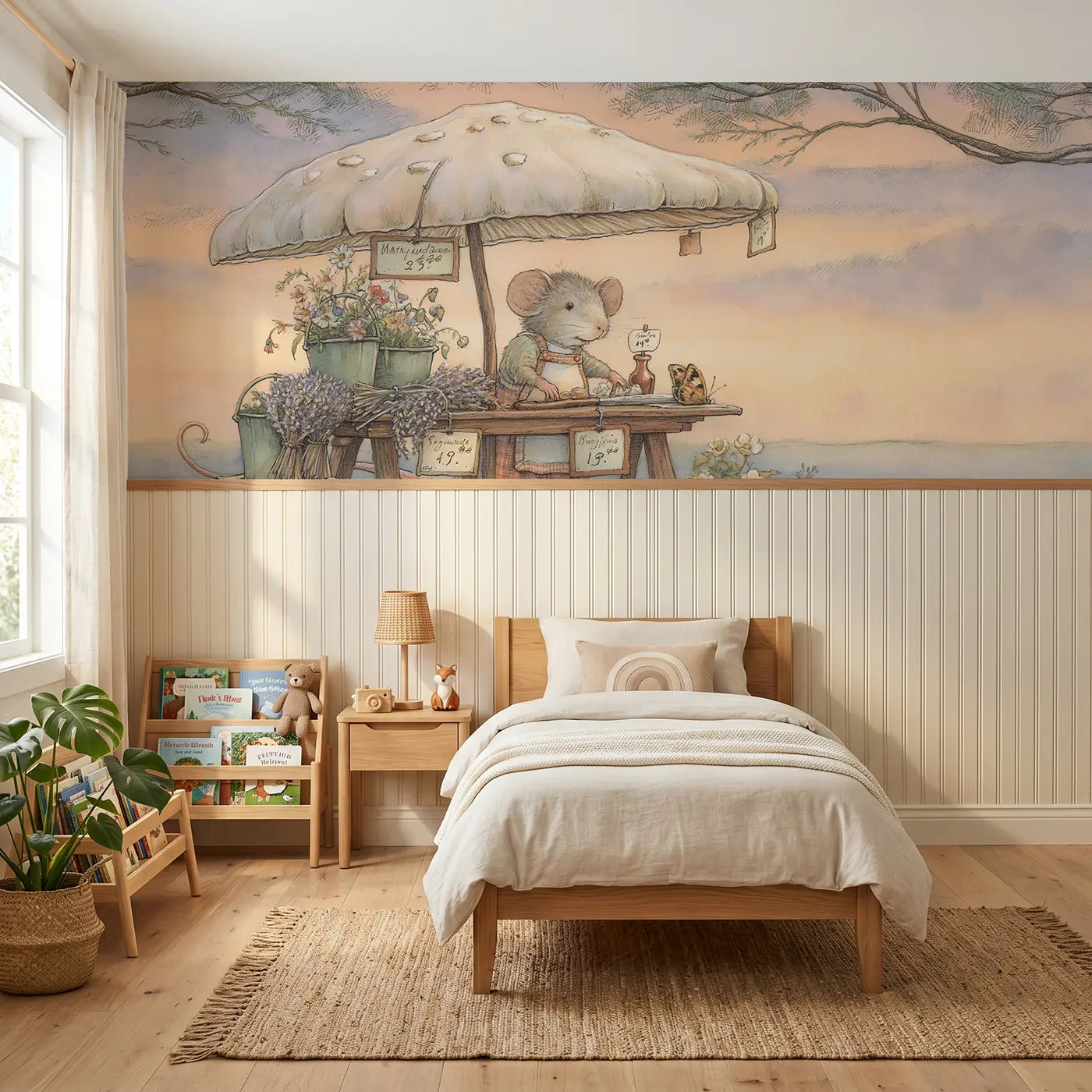 Storybook meadow mouse flower market wainscoting wallpaper for nursery by Whimsy Tots