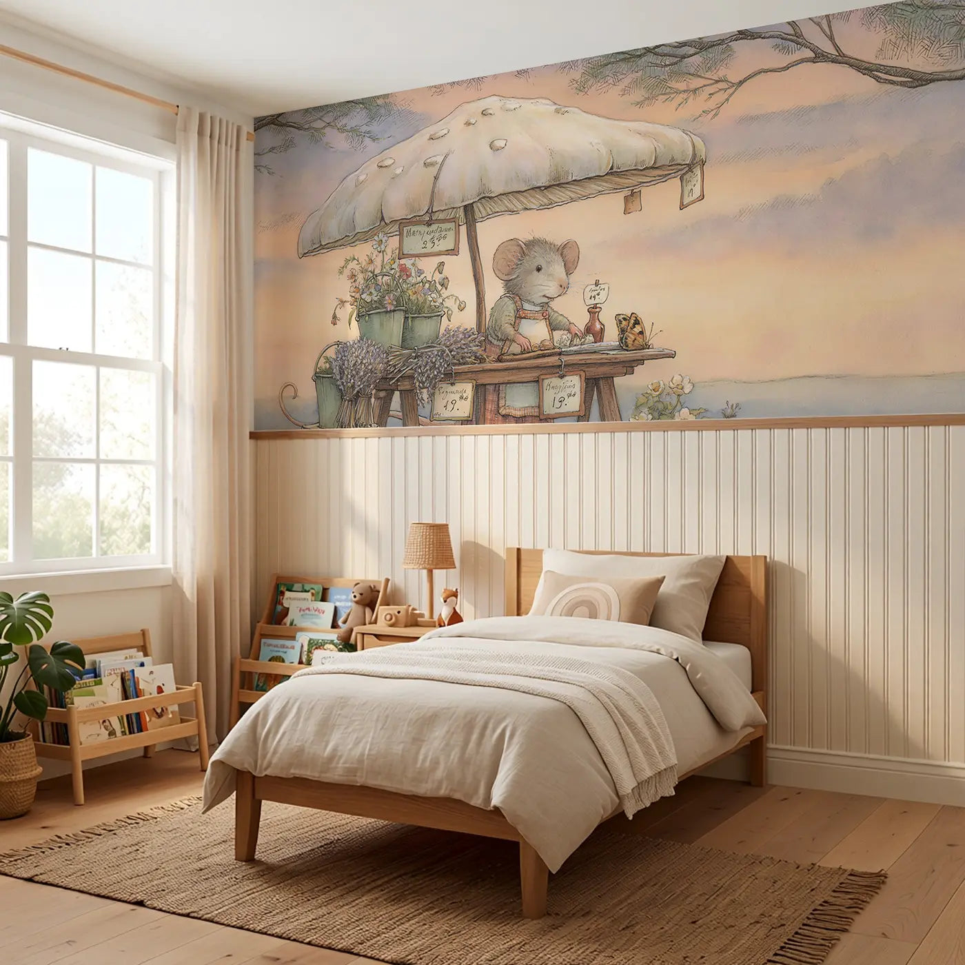 Meadow Mouse Flower Market Wainscoting Wallpaper styled in a kids bedroom by Whimsy Tots