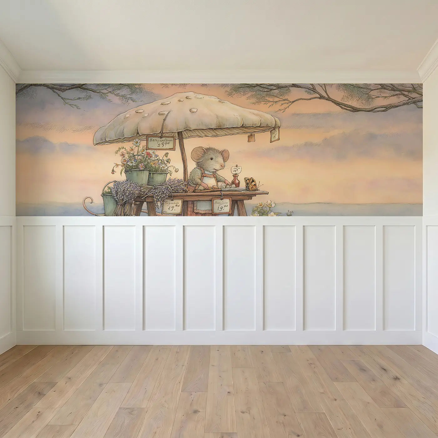 Full panel view of Meadow Mouse Flower Market Wainscoting Wallpaper by Whimsy Tots