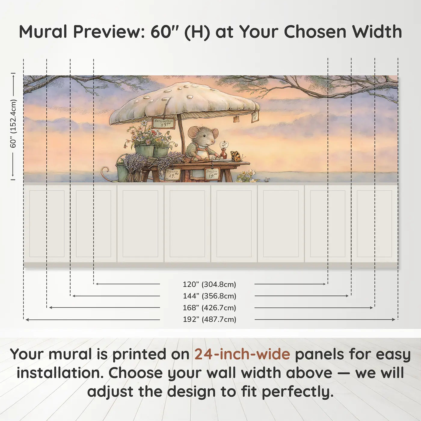 Panel dimensions for Meadow Mouse Flower Market Wainscoting Wallpaper by Whimsy Tots