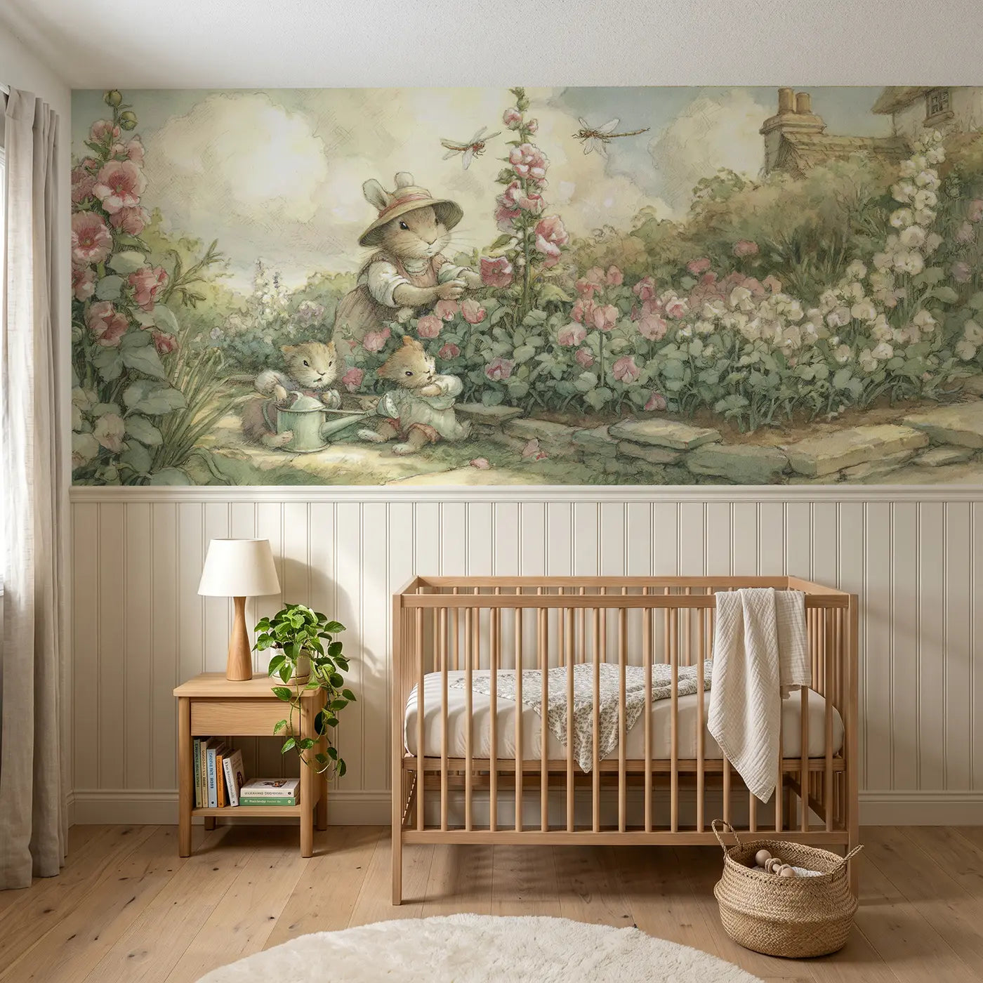 Storybook rabbit cottage garden wainscoting wallpaper for nursery by Whimsy Tots
