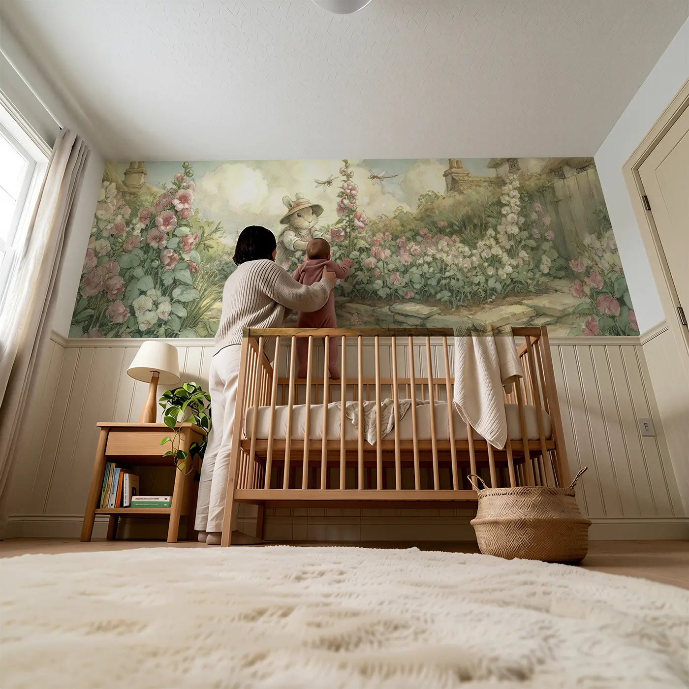 Child reading near Rabbit Cottage Garden Wainscoting Wallpaper by Whimsy Tots