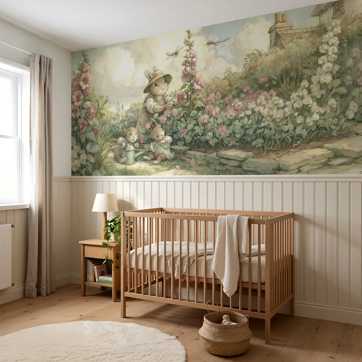 Rabbit Cottage Garden Wainscoting Wallpaper styled in a kids bedroom by Whimsy Tots