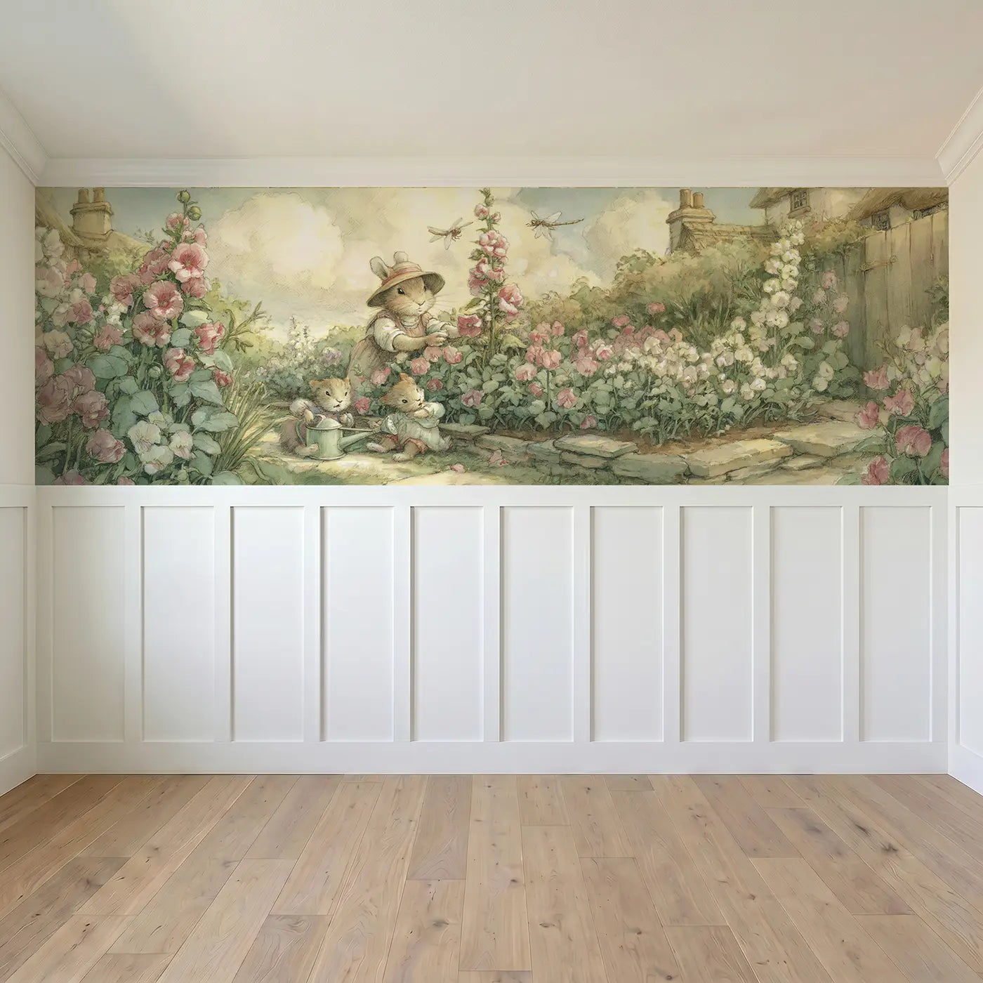 Full panel view of Rabbit Cottage Garden Wainscoting Wallpaper by Whimsy Tots