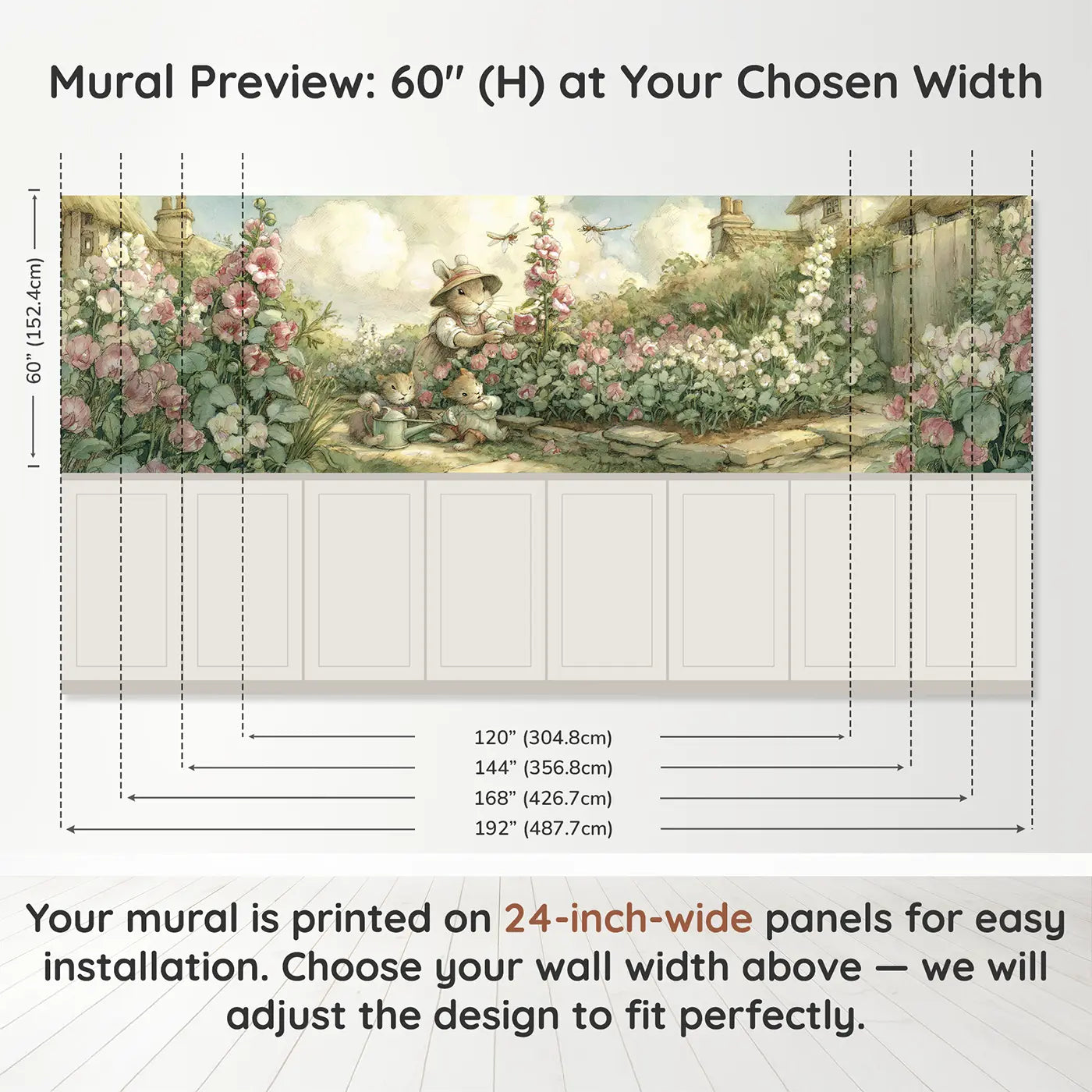 Panel dimensions for Rabbit Cottage Garden Wainscoting Wallpaper by Whimsy Tots