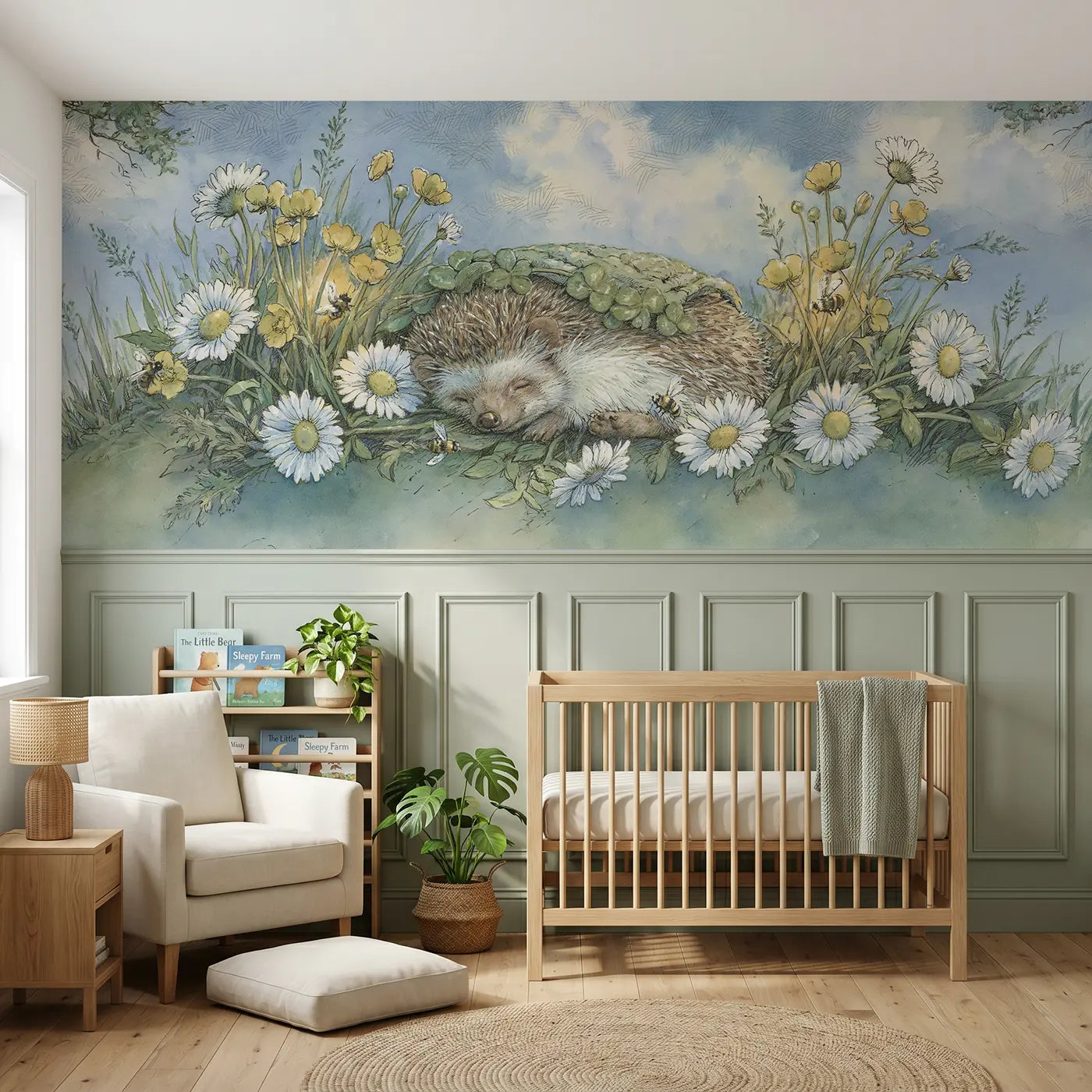 Storybook hedgehog wildflower nap wainscoting wallpaper for nursery by Whimsy Tots