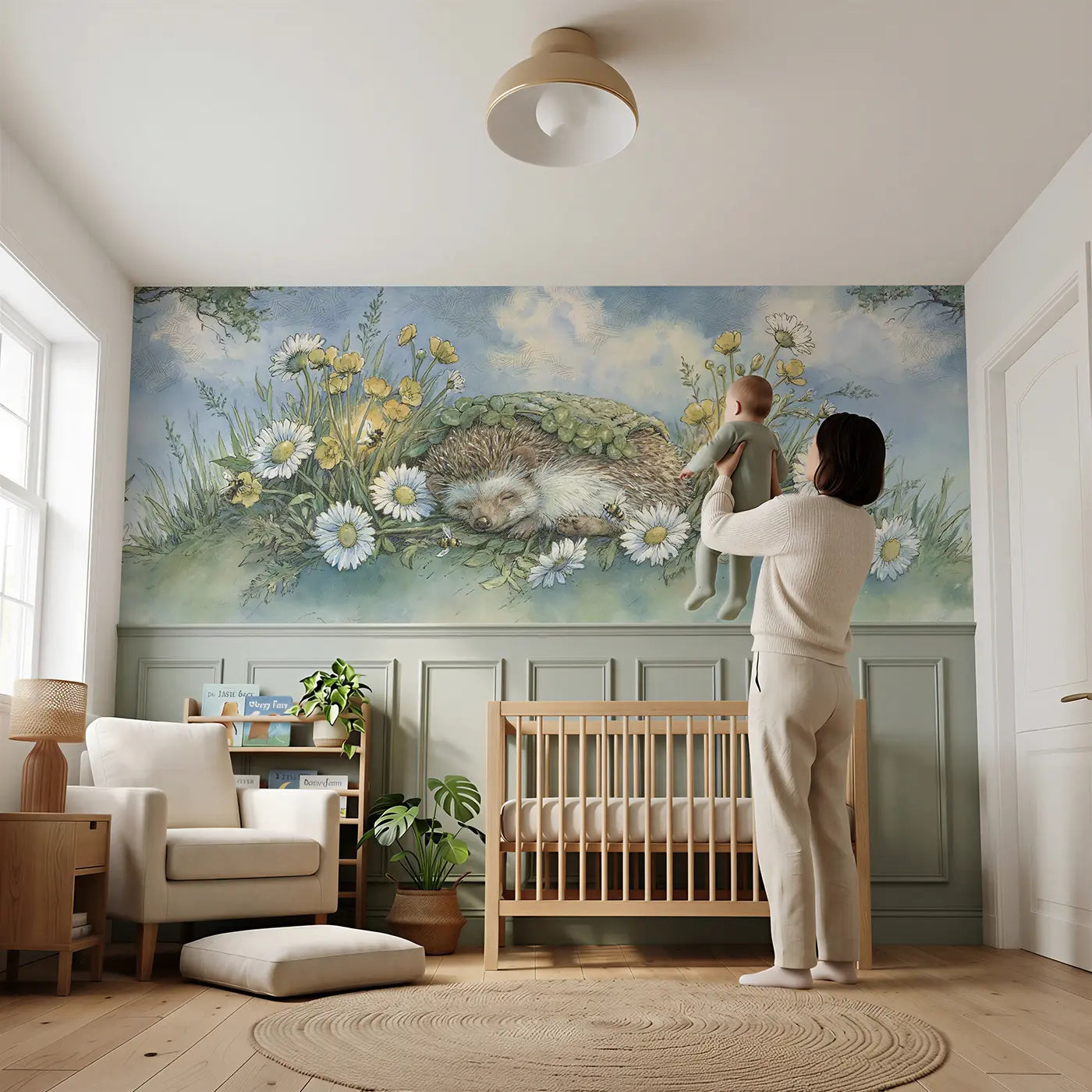 Child reading near Hedgehog Wildflower Nap Wainscoting Wallpaper by Whimsy Tots