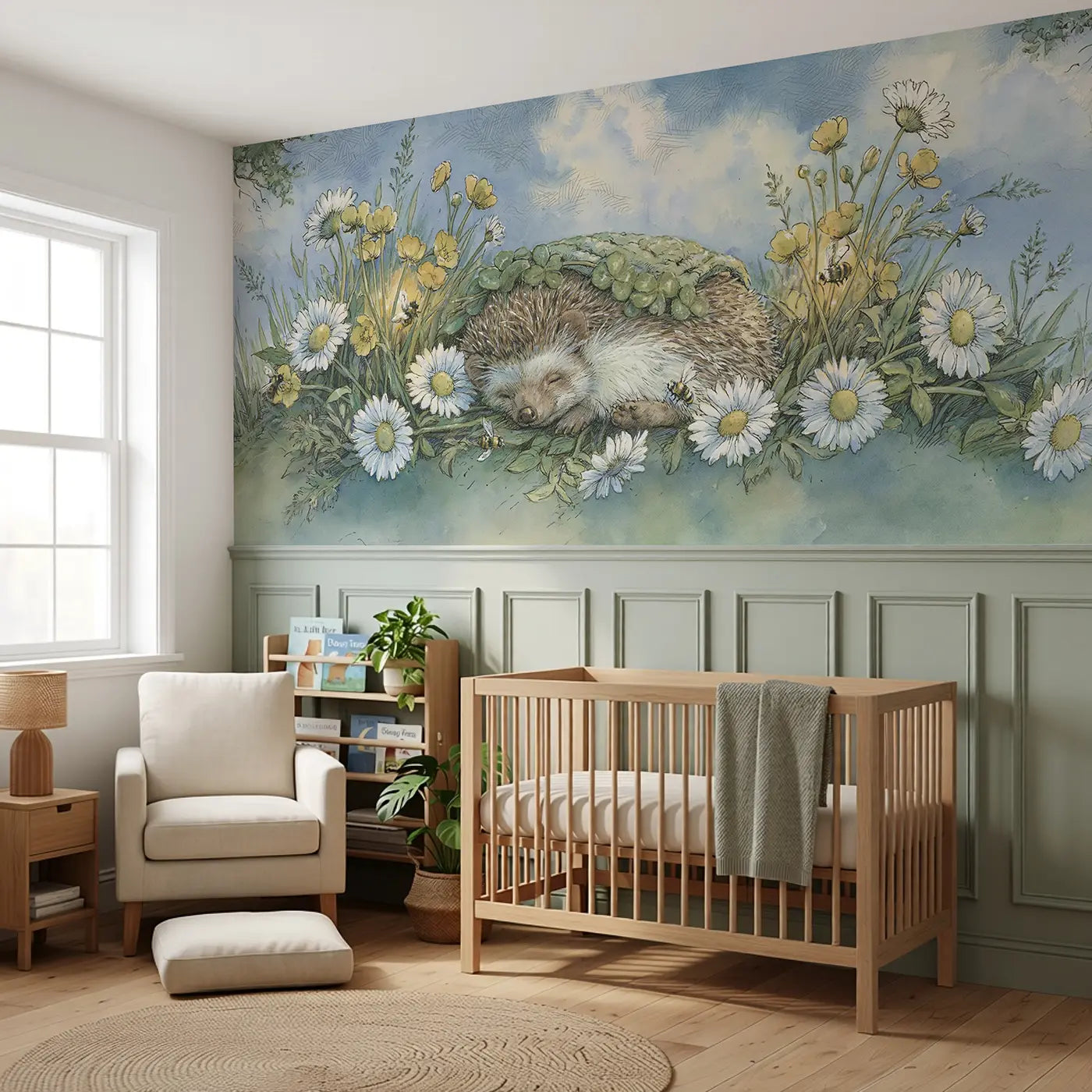 Hedgehog Wildflower Nap Wainscoting Wallpaper styled in a kids bedroom by Whimsy Tots