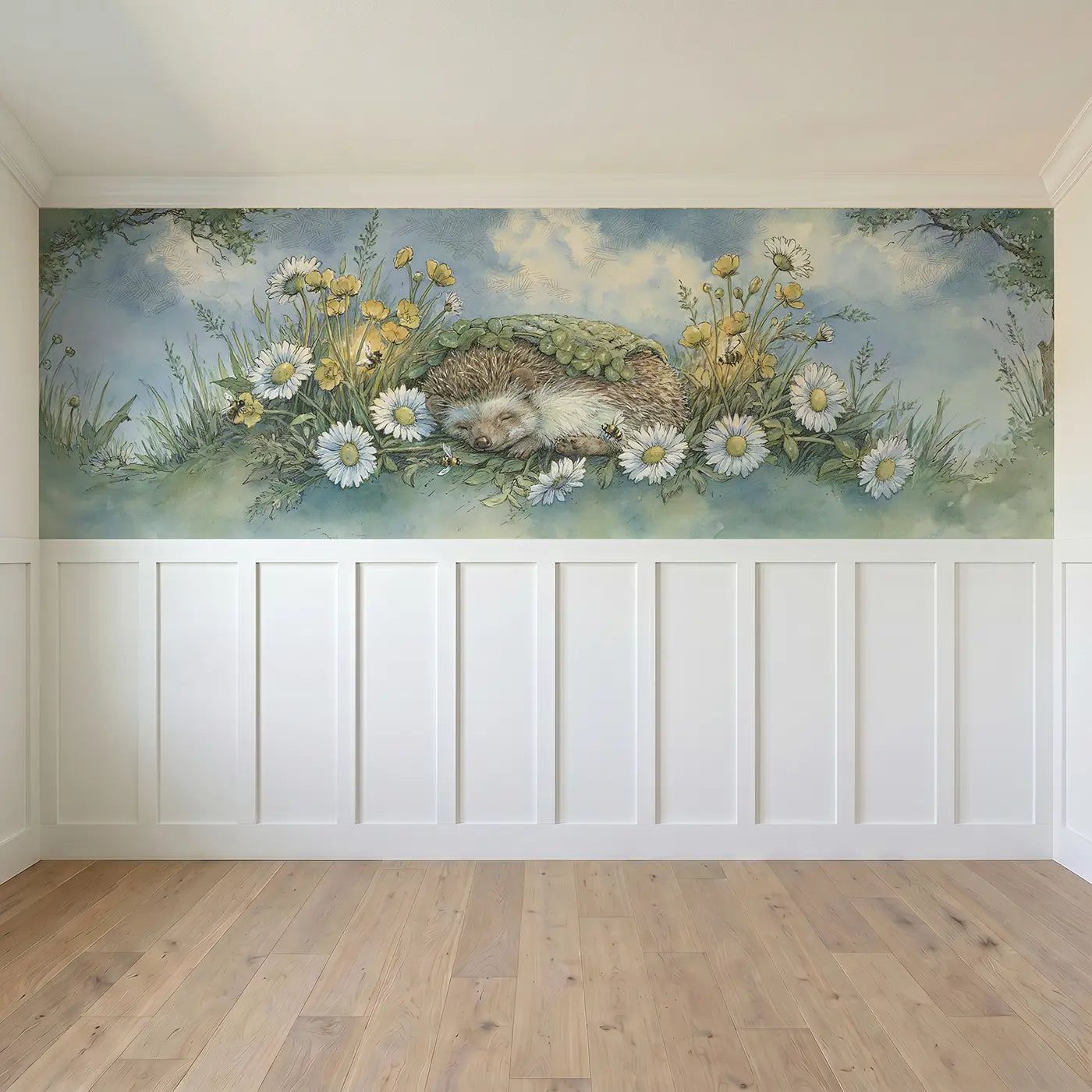 Full panel view of Hedgehog Wildflower Nap Wainscoting Wallpaper by Whimsy Tots